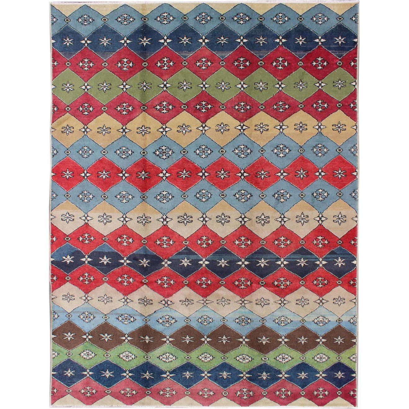 Colorful Mid-Century Modern Rug Turkish Modern Design For Sale at 1stDibs