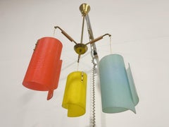 Colorful Mid-Century Modern Triple Pendant Light, Brass & Walnut, 1955
