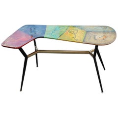 Colorful Midcentury Articulated Boomerang Black Gold Brass Coffee Table, 1950s