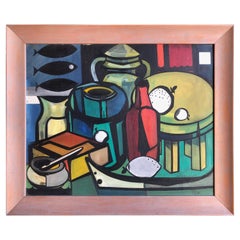 Colorful Midcentury Still Life with Bottles and Fish