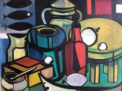 Colorful Midcentury Still Life with Bottles and Fish