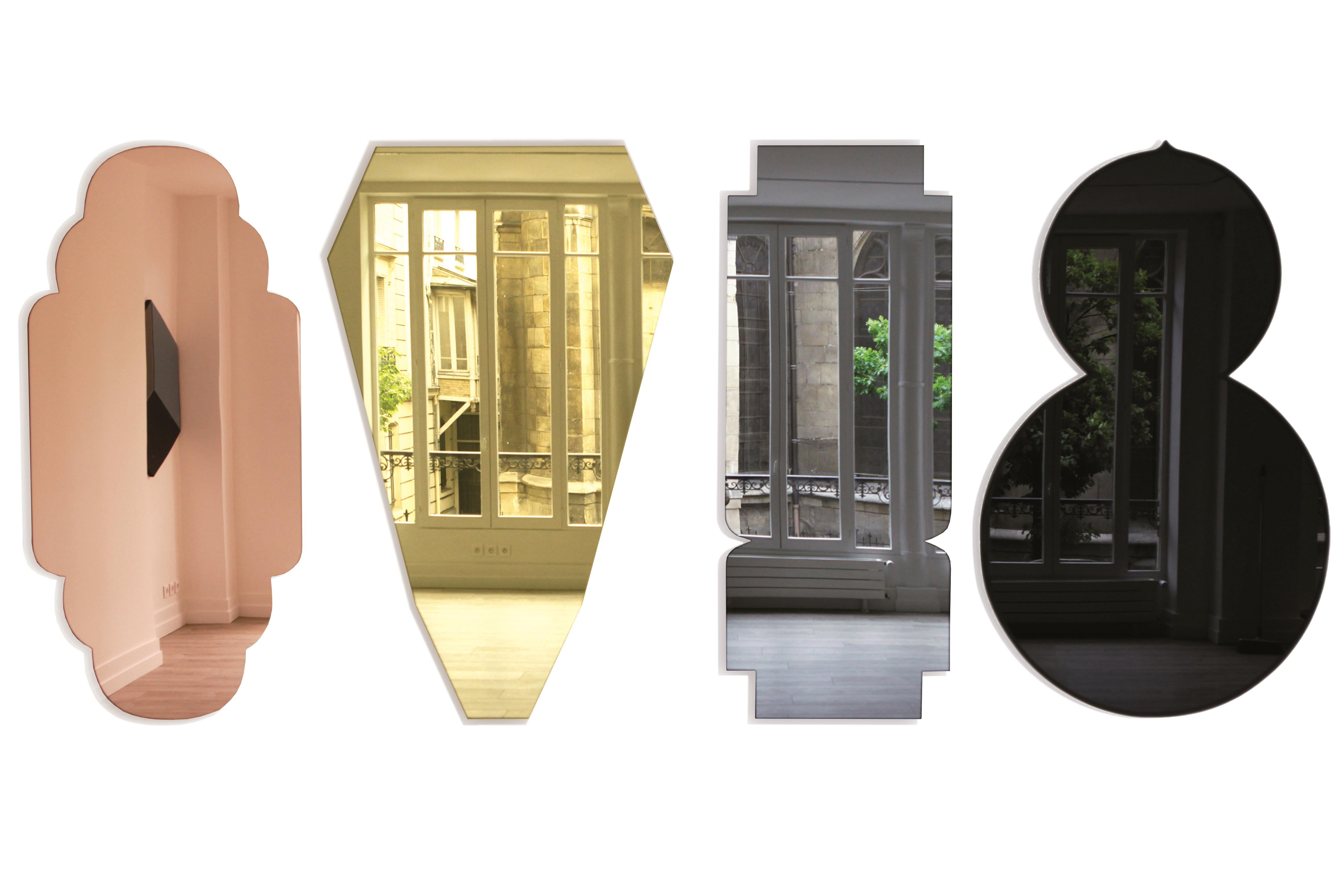 Colorful mirror by Jose Levy, Maison Dada
L 77 x D1.8 x H 160 cm
Support in MDF with black ash veneer • Copper colored mirror
French Designer José Lévy talks about the Morocco that he loves. Four mirrors, four complementary tones, four shapes