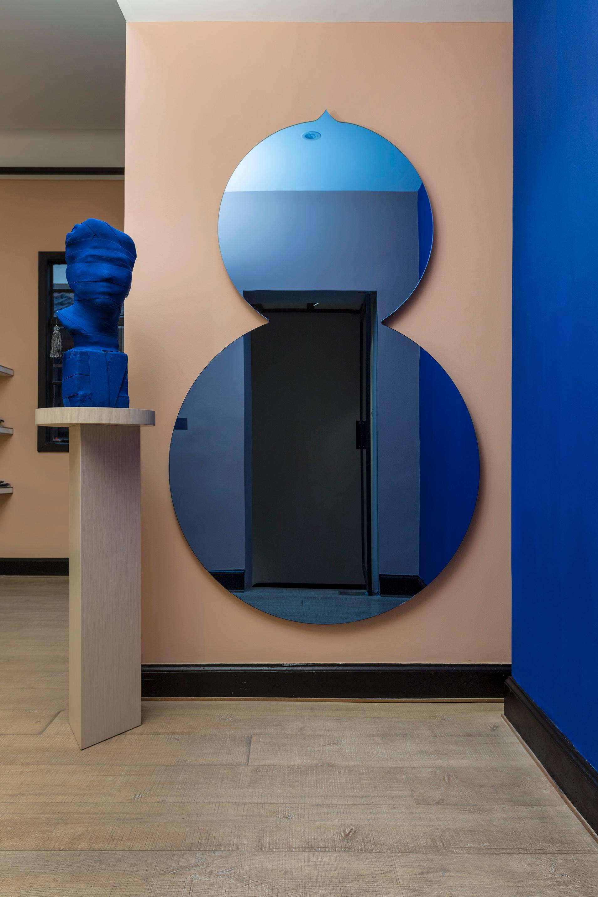 Colorful mirror by Jose Levy, Maison Dada
Measures: W121.2 x D1.8 x H200 cm
Support in MDF with Black ash veneer • Blue coloured mirror
French Designer José Lévy talks about the Morocco that he loves. Four mirrors, four complementary tones, four