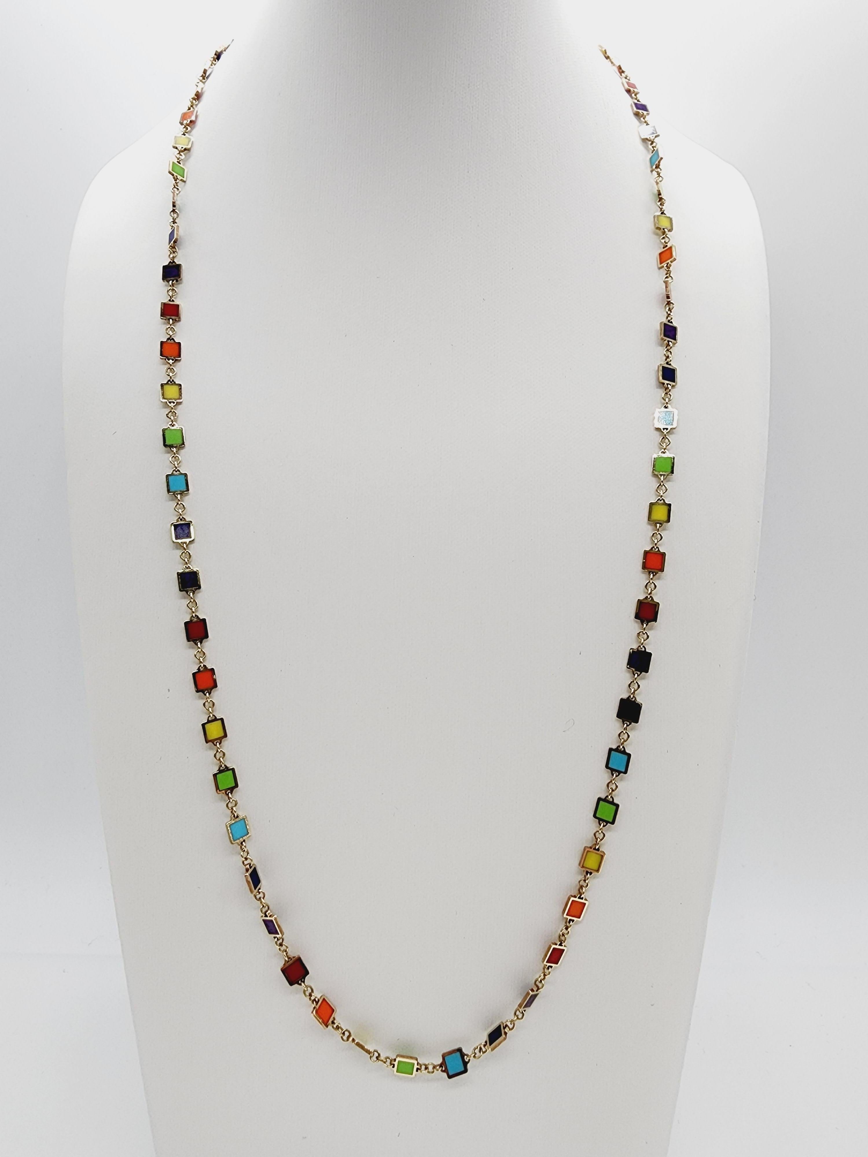 Colorful Mixed Gem 14k Yellow Gold Italian Link Chain Necklace, Lobster closure. Length is 24 inches.