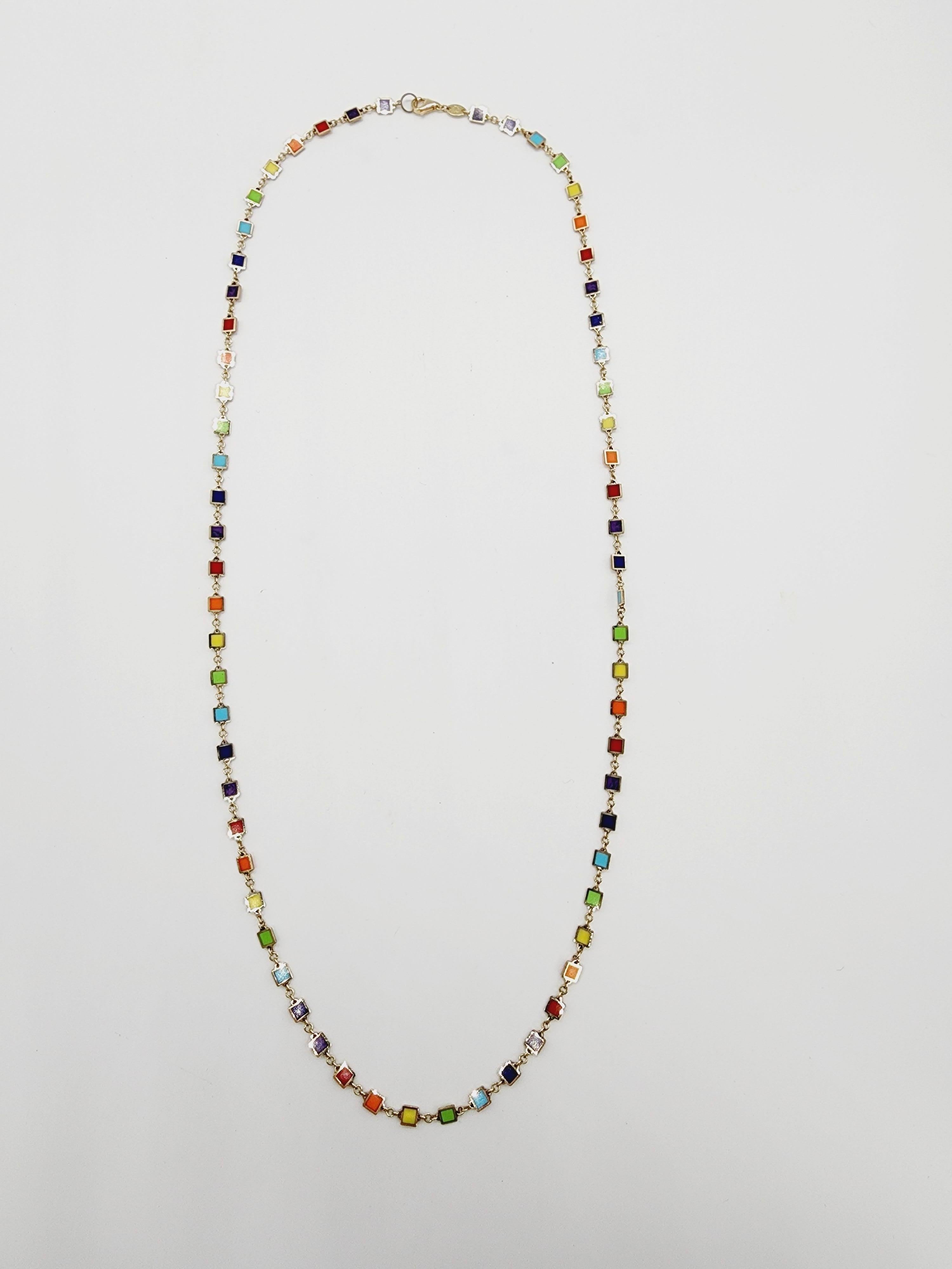Colorful Mixed Gem Yellow Gold Link Chain Necklace In New Condition In Great Neck Plaza, NY