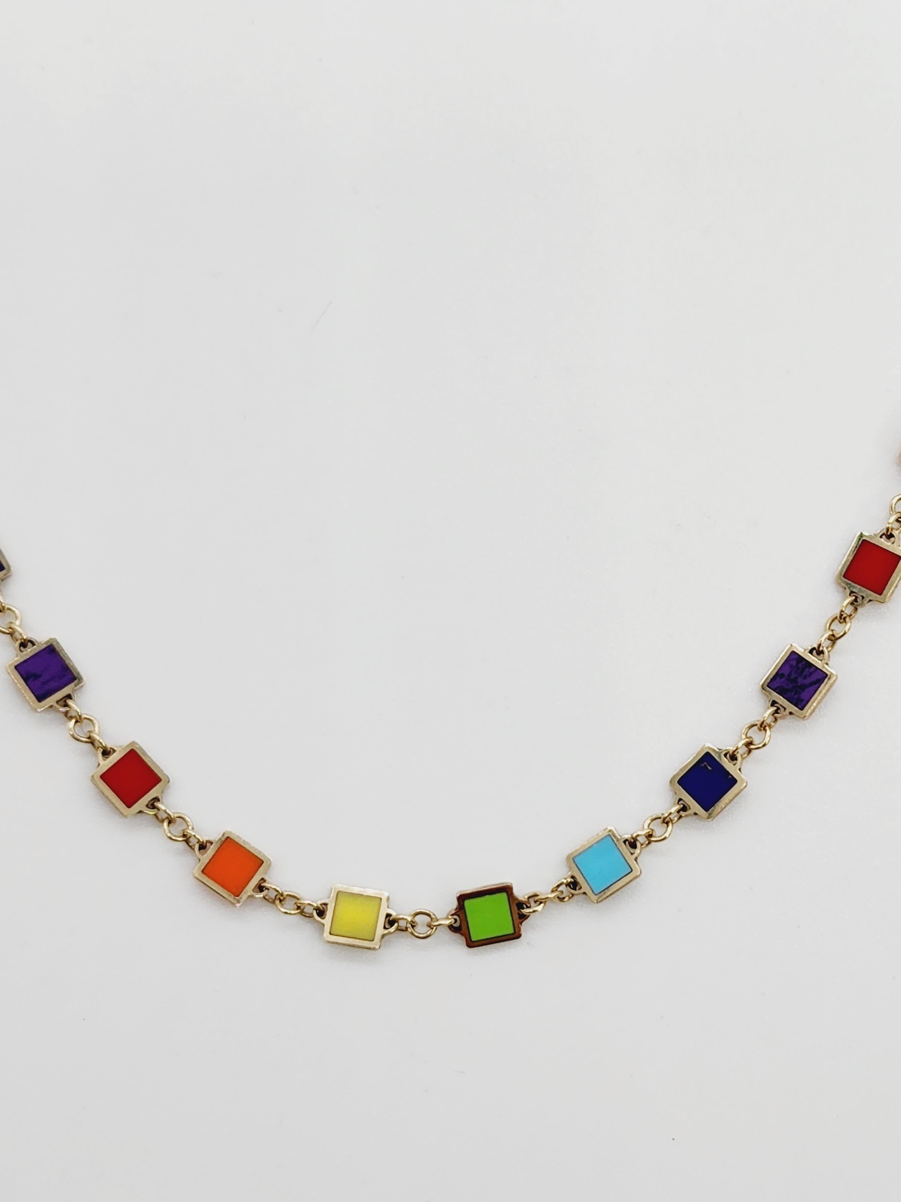 Colorful Mixed Gem Yellow Gold Link Chain Necklace 1