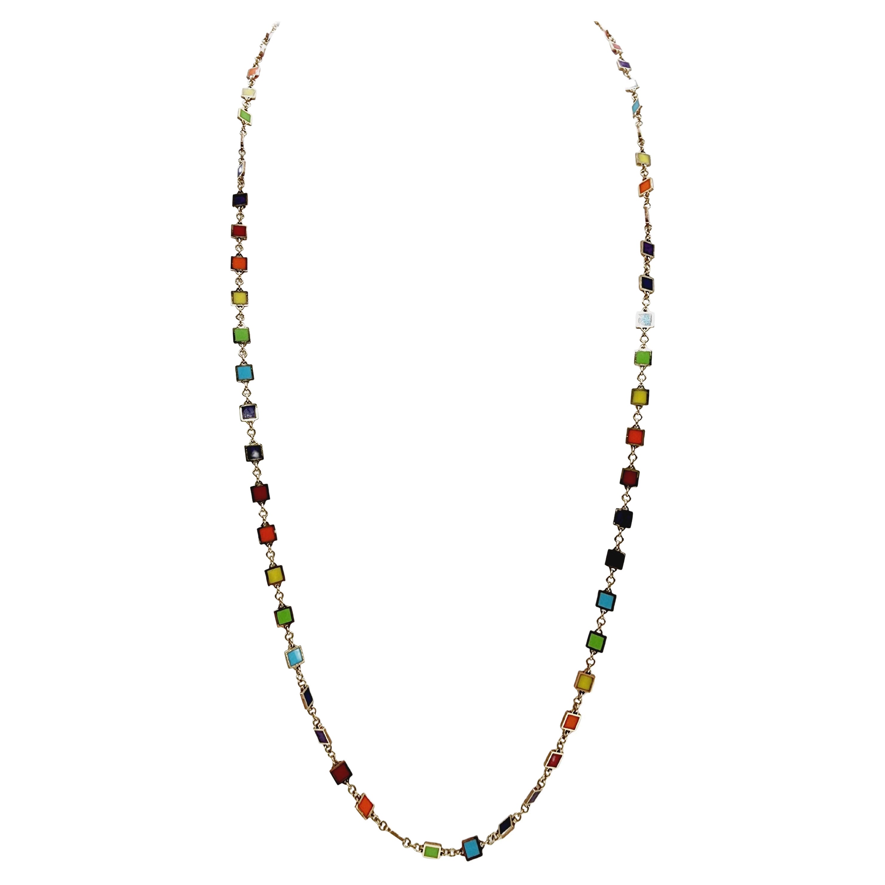 Colorful Mixed Gem Yellow Gold Link Chain Necklace
