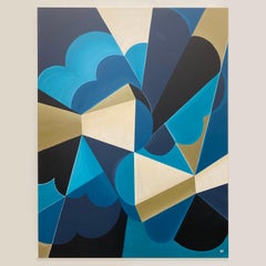 Colorful Modern Abstract Original Painting Meta-Futurism. Blue, gold, light blue