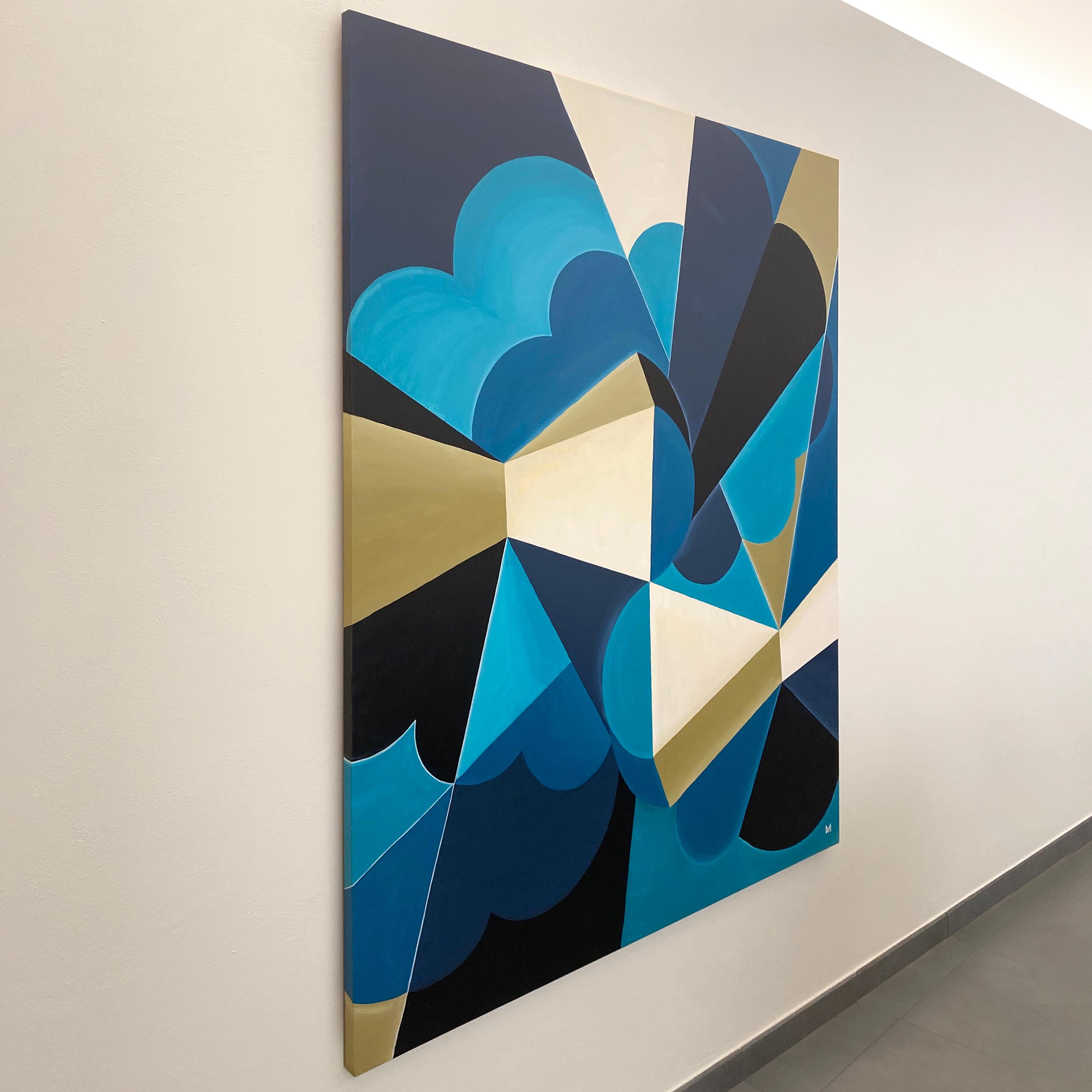 Buntes modernes abstraktes Originalgemälde Meta-Futurismus. Blau, Gold, Hellblau (Futuristisch) im Angebot