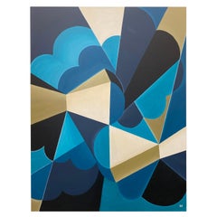 Colorful Modern Abstract Original Painting Meta-Futurism. Blue, gold, light blue