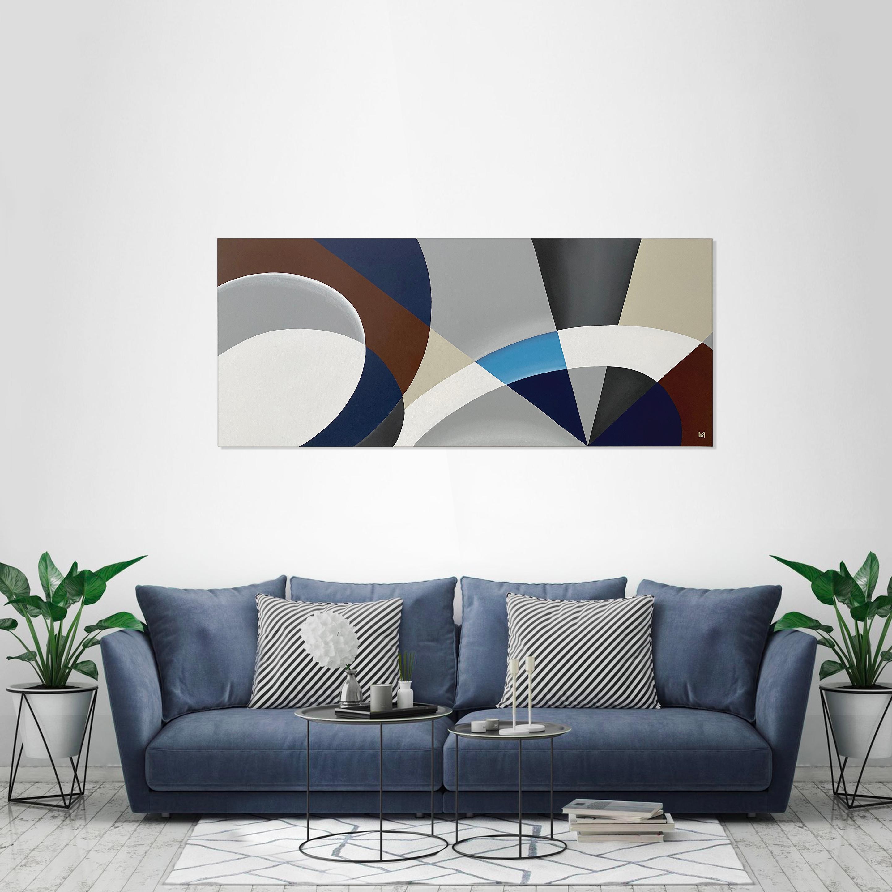 Buntes modernes abstraktes Originalgemälde Meta-Futurismus. Braun, Creme, Blau (Futuristisch) im Angebot