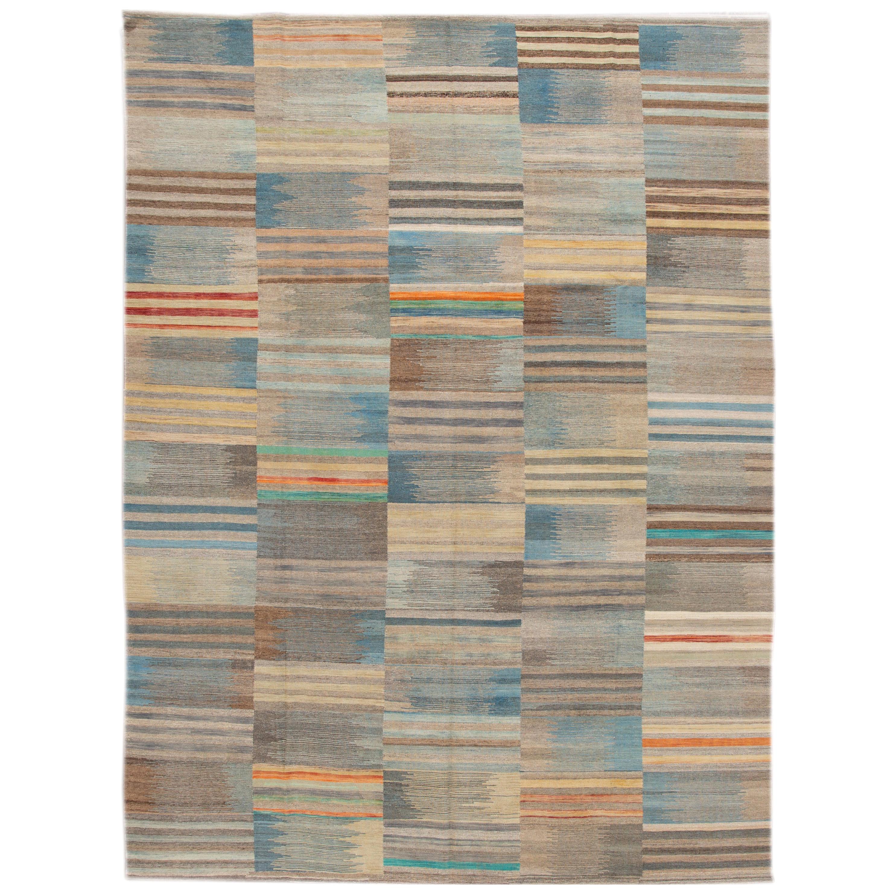 Colorful Modern Flat-Weave Kilim Room Size Wool Rug For Sale