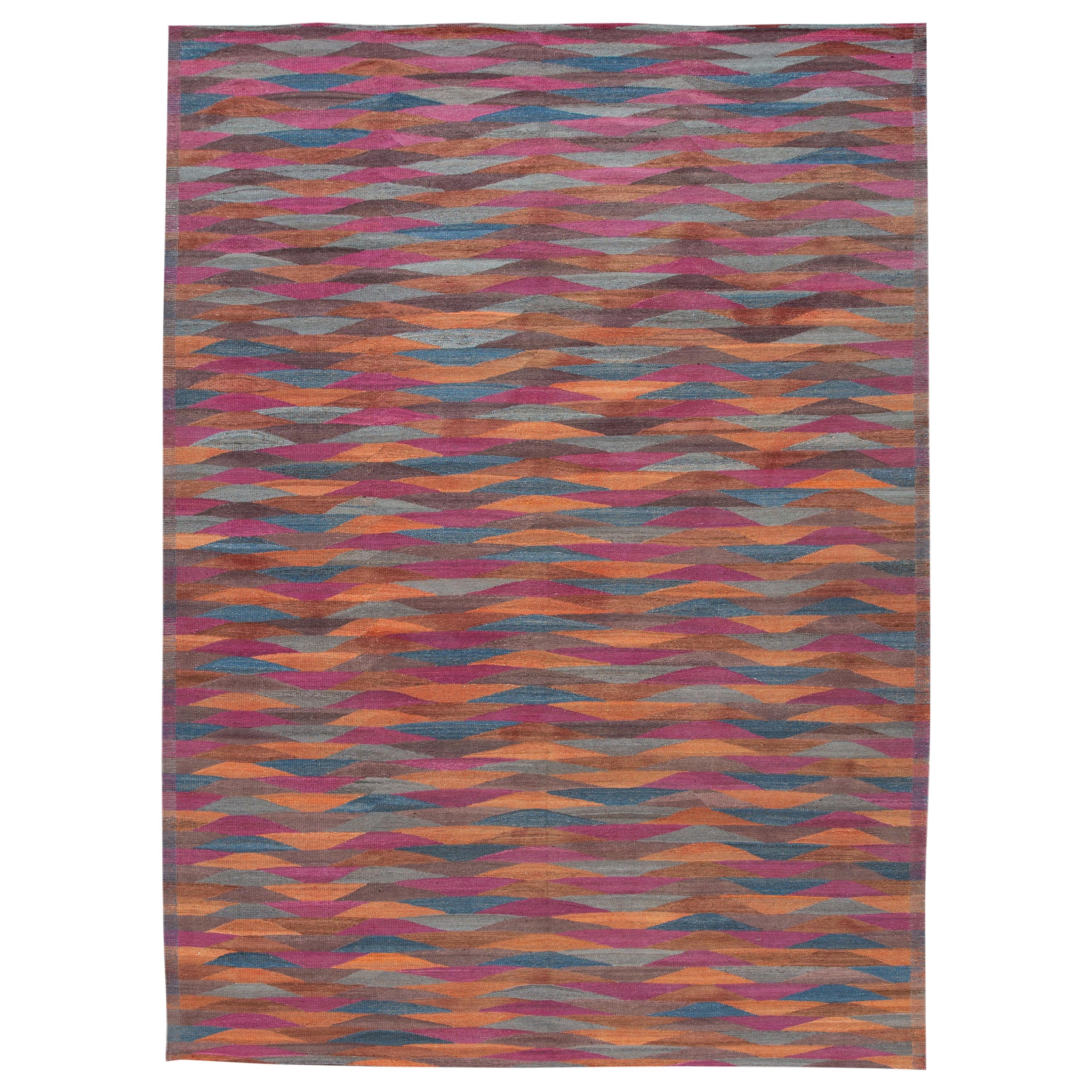 Colorful Modern Flat-Weave Kilim Room Size Wool Rug