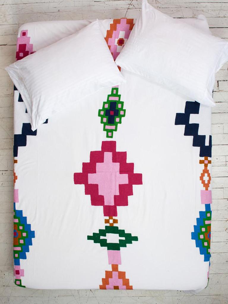 Tribal Colorful Modern Geometric Embroidered Coverlet For Sale