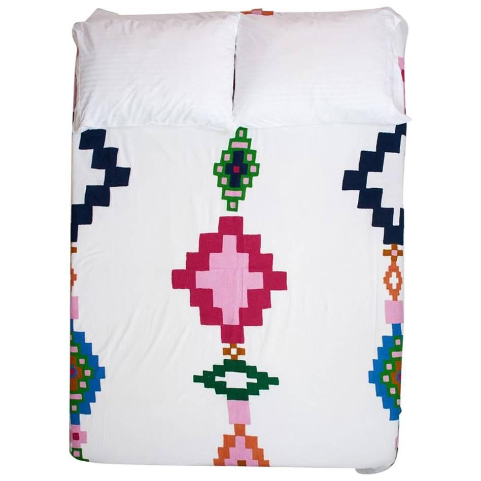 Colorful Modern Geometric Embroidered Coverlet For Sale