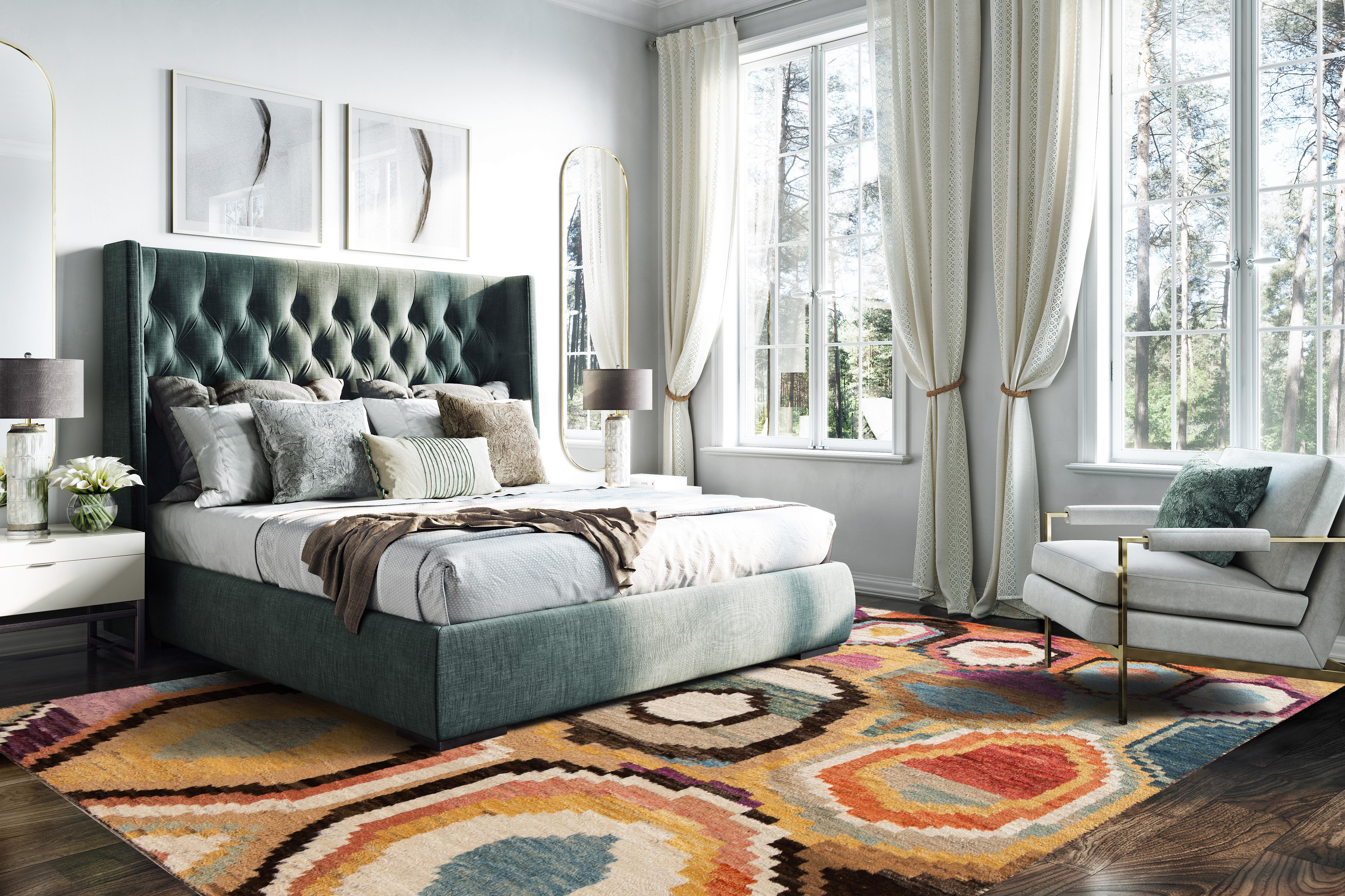 Beautiful Moroccan- Style handmade wool rug with a multi-color field in a gorgeous all-over abstract geometric design.

This rug measures: 9'6