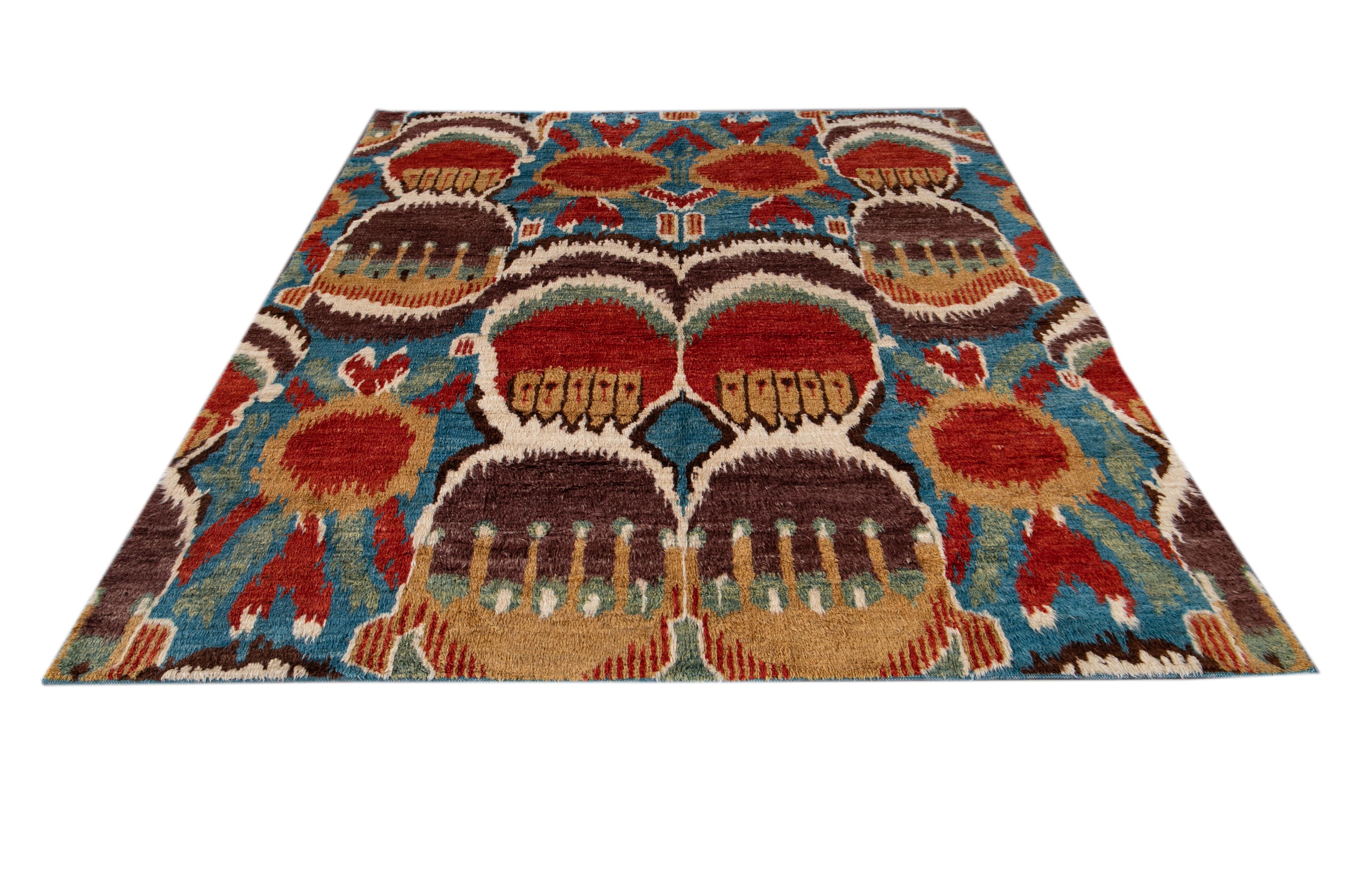 Hand-Knotted Colorful Modern Moroccan-Style Handmade Wool Rug For Sale