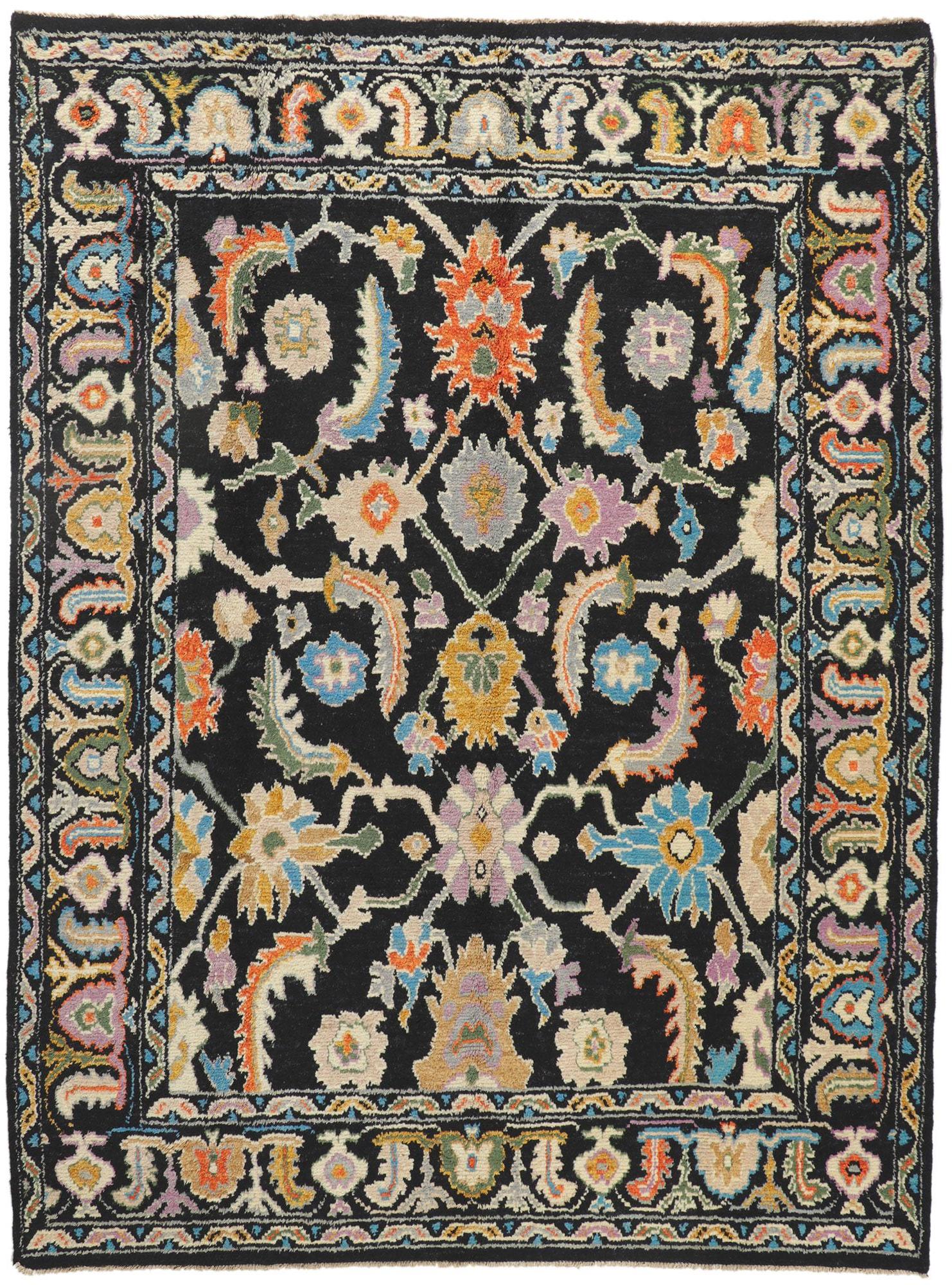 Modern Black Oushak Rug, Maximalist Style Meets Contemporary Elegance For Sale