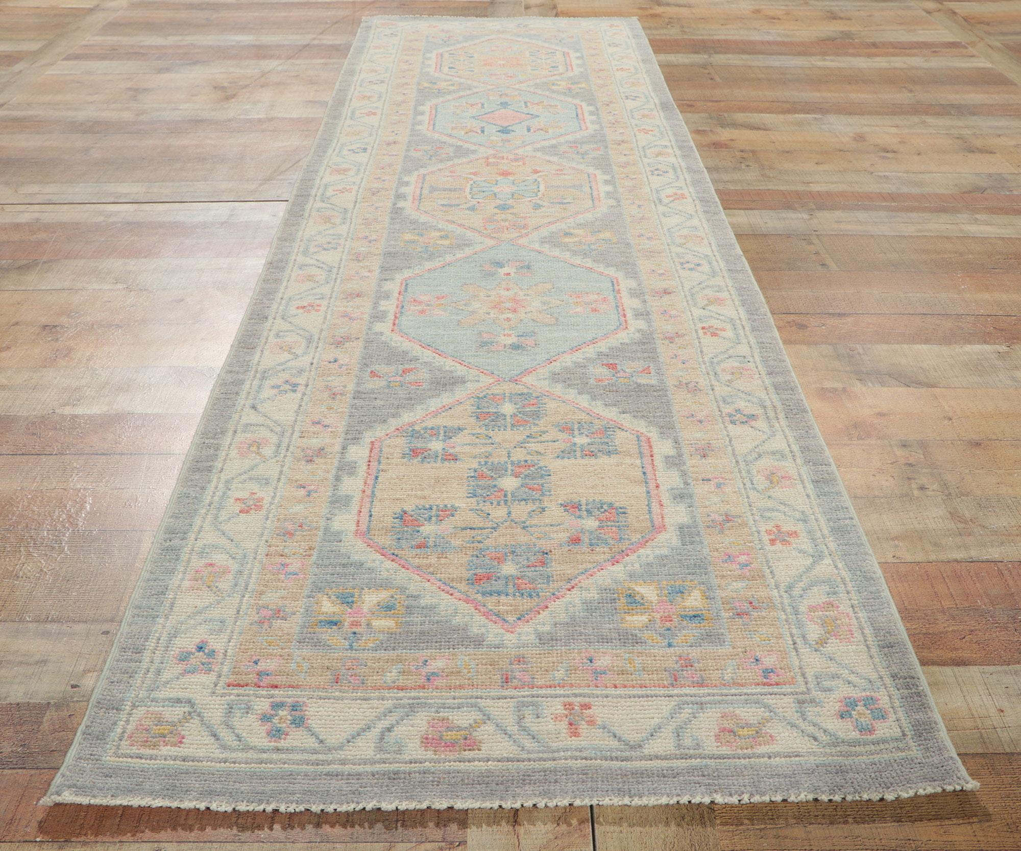 Colorful Modern Oushak Runner, Pleasing Pastels Meet Contemporary Elegance For Sale 1