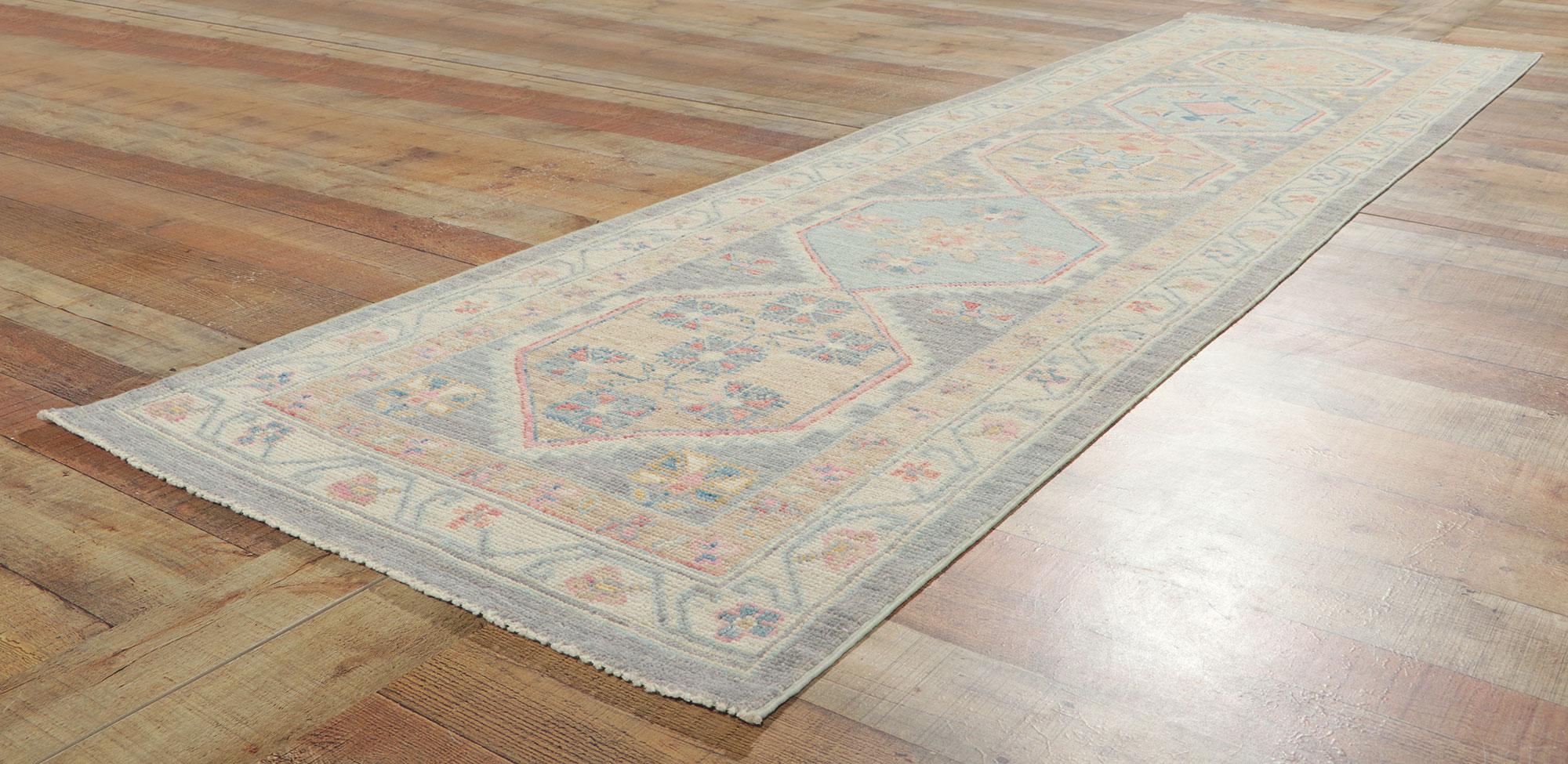 Colorful Modern Oushak Runner, Pleasing Pastels Meet Contemporary Elegance For Sale 2