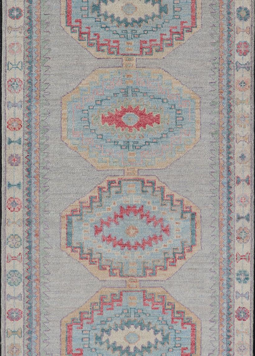 Colorful Modern Oushak Runner With Diamond Medallions and Floral Border 3