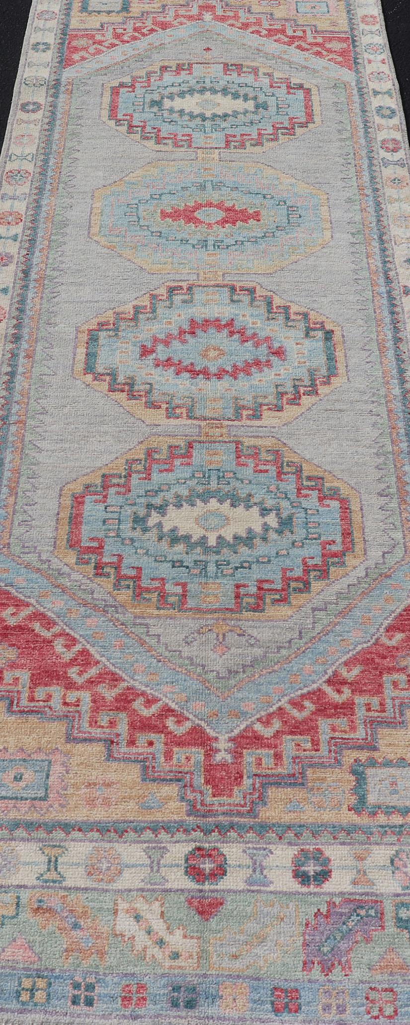 Afghan Colorful Modern Oushak Runner With Diamond Medallions and Floral Border