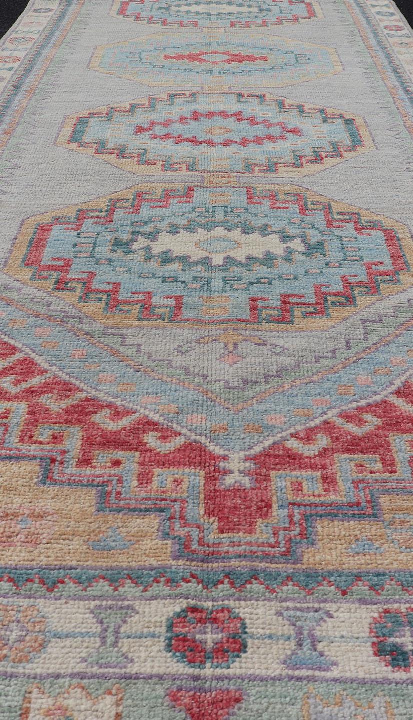 Hand-Knotted Colorful Modern Oushak Runner With Diamond Medallions and Floral Border