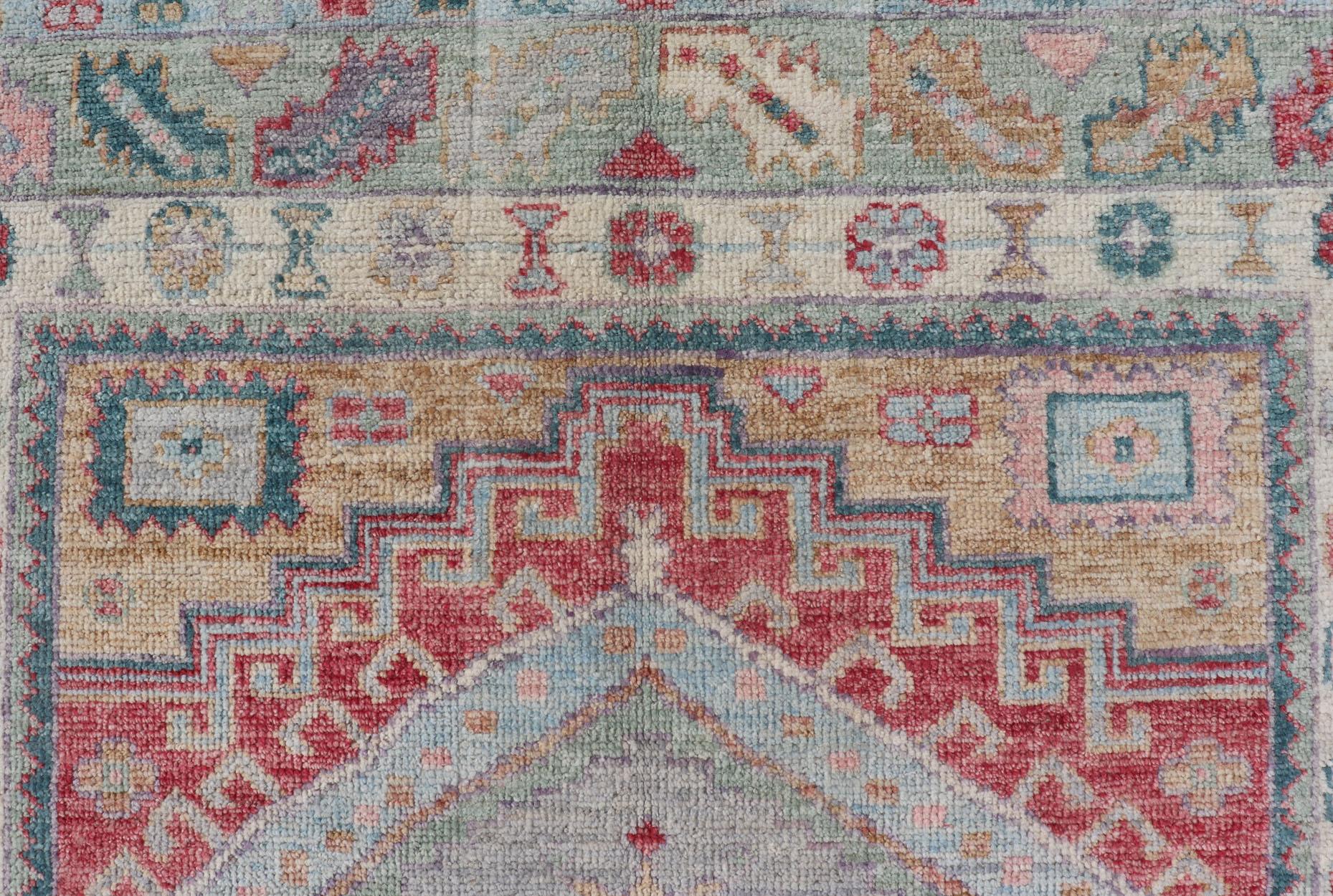 Colorful Modern Oushak Runner With Diamond Medallions and Floral Border In New Condition In Atlanta, GA