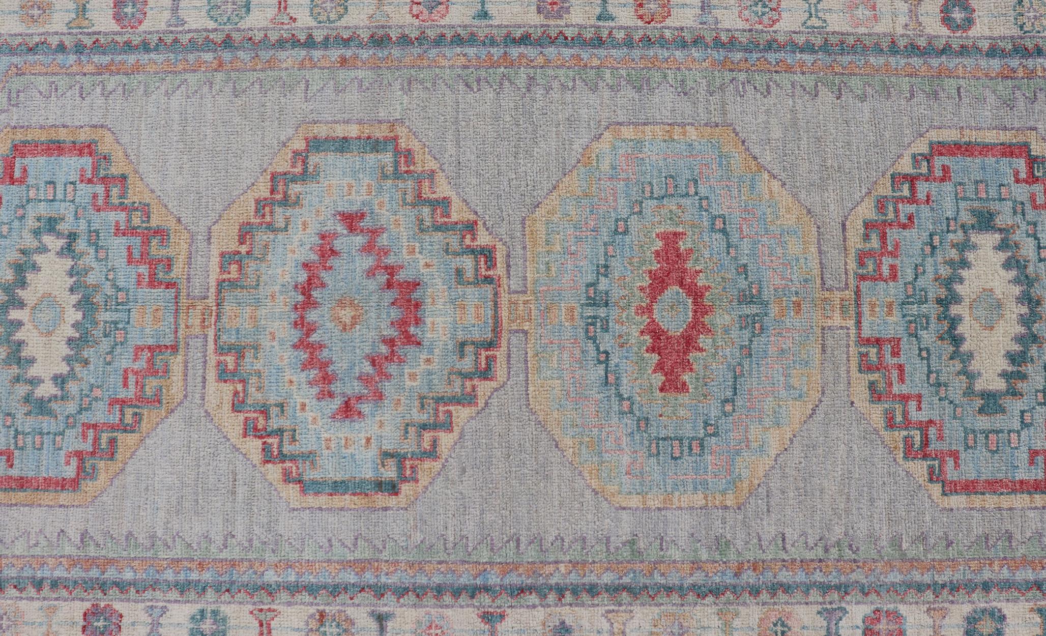 Contemporary Colorful Modern Oushak Runner With Diamond Medallions and Floral Border