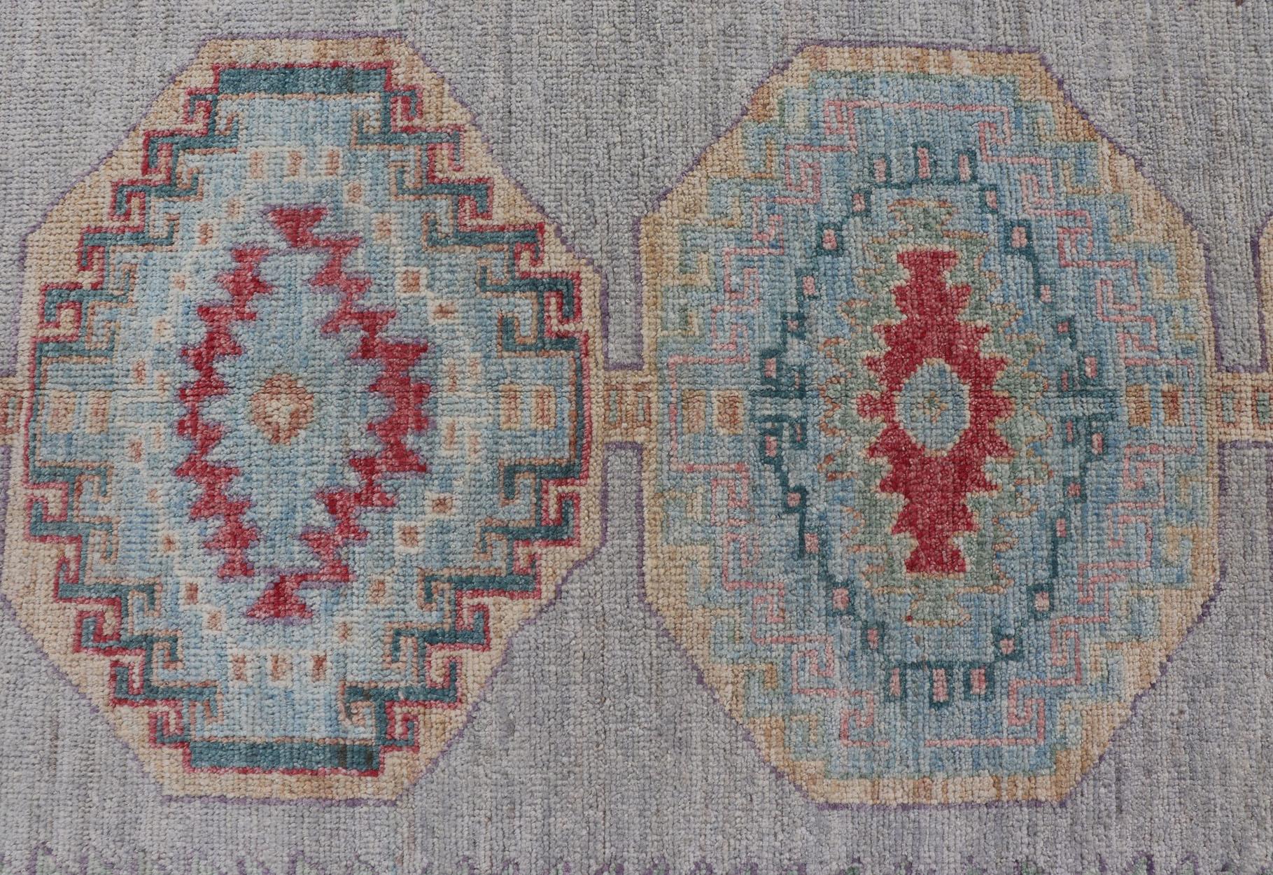 Wool Colorful Modern Oushak Runner With Diamond Medallions and Floral Border