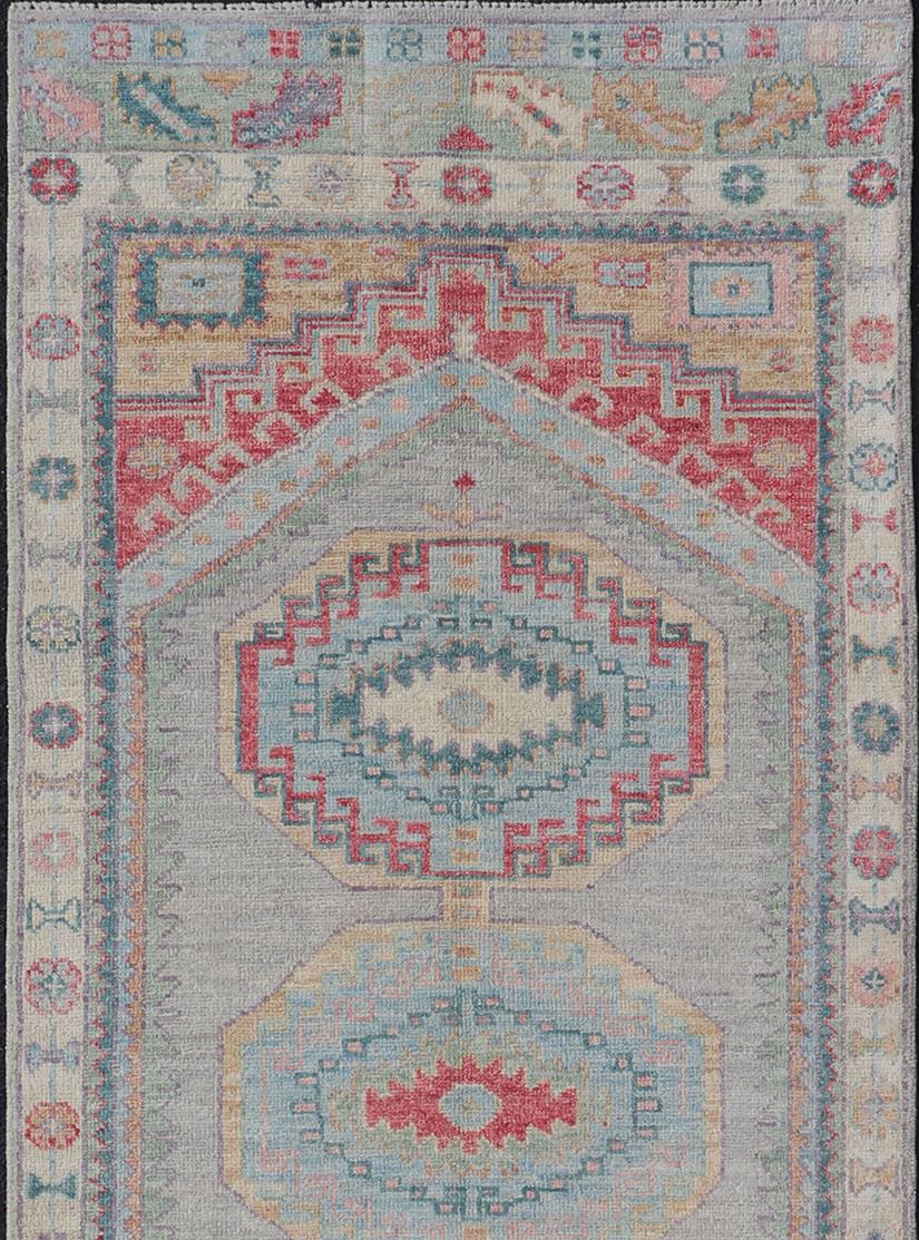 Colorful Modern Oushak Runner With Diamond Medallions and Floral Border 2