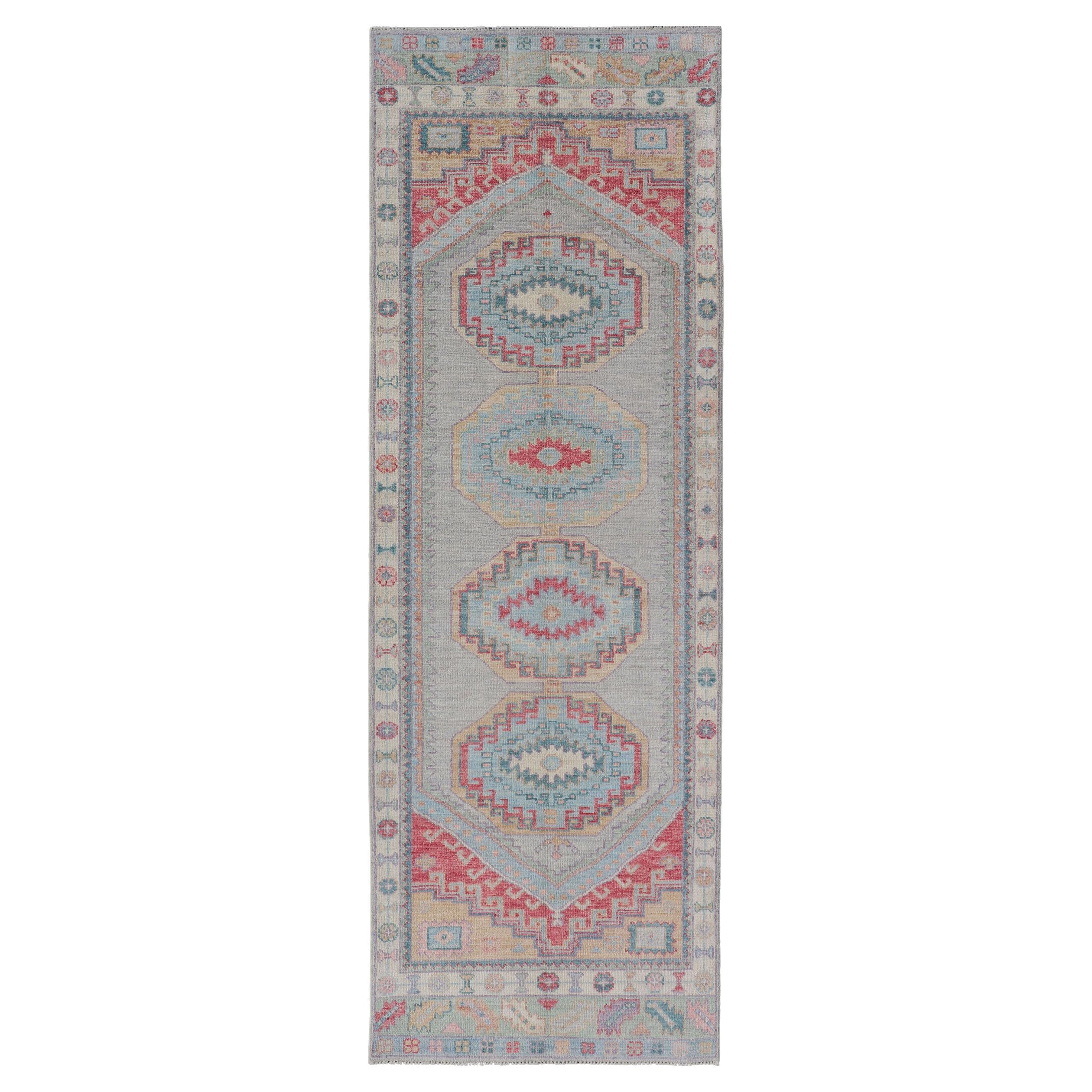 Colorful Modern Oushak Runner With Diamond Medallions and Floral Border
