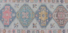 Colorful Modern Oushak Runner With Diamond Medallions and Multi-Tier Border