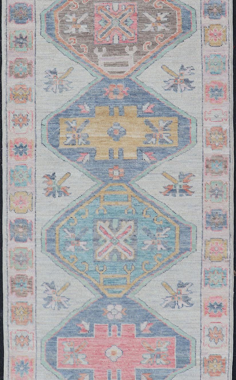 Colorful Modern Oushak Runner With Diamond Medallions and Multi-Tier Border In New Condition For Sale In Atlanta, GA
