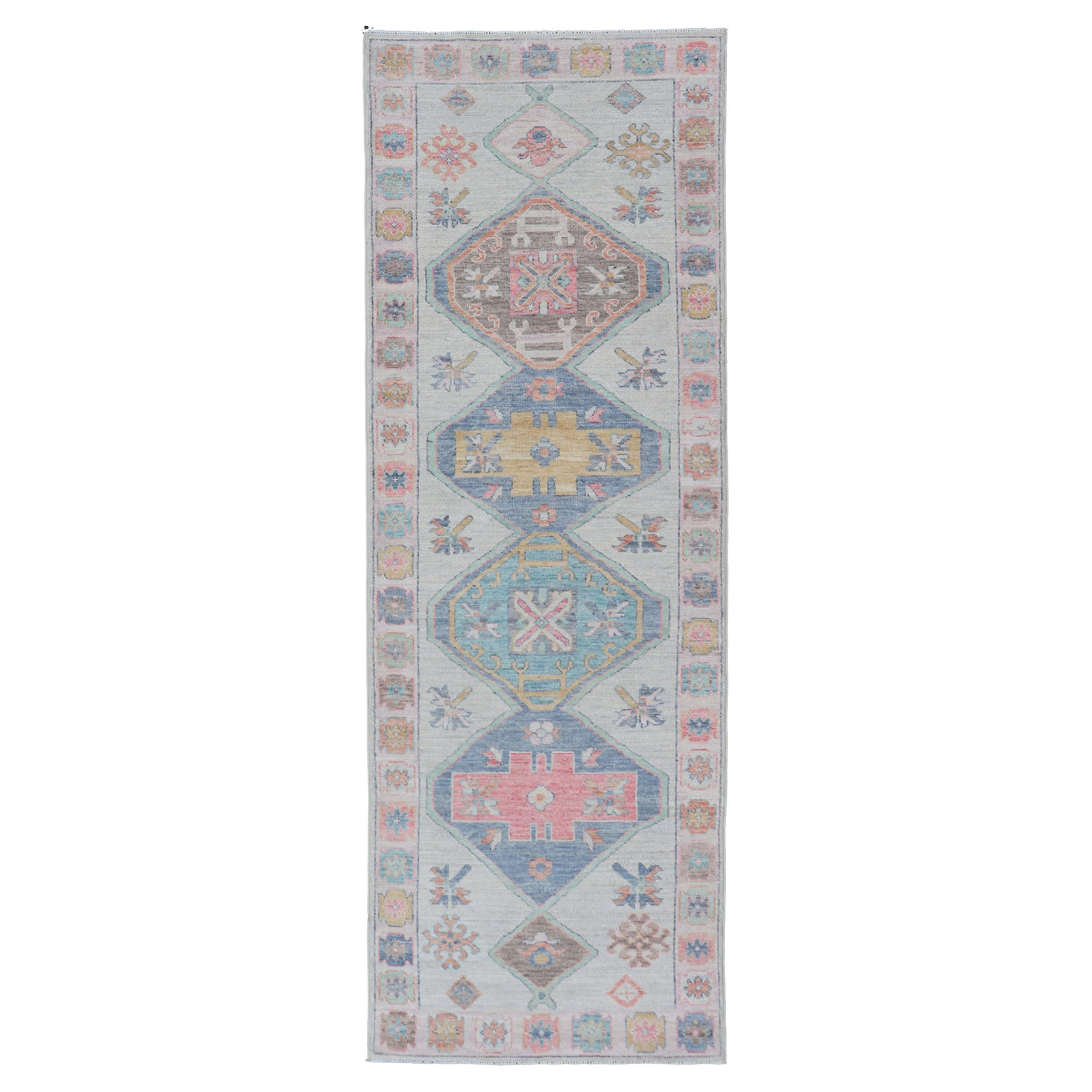 Colorful Modern Oushak Runner With Diamond Medallions and Multi-Tier Border For Sale