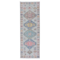 Colorful Modern Oushak Runner With Diamond Medallions and Multi-Tier Border