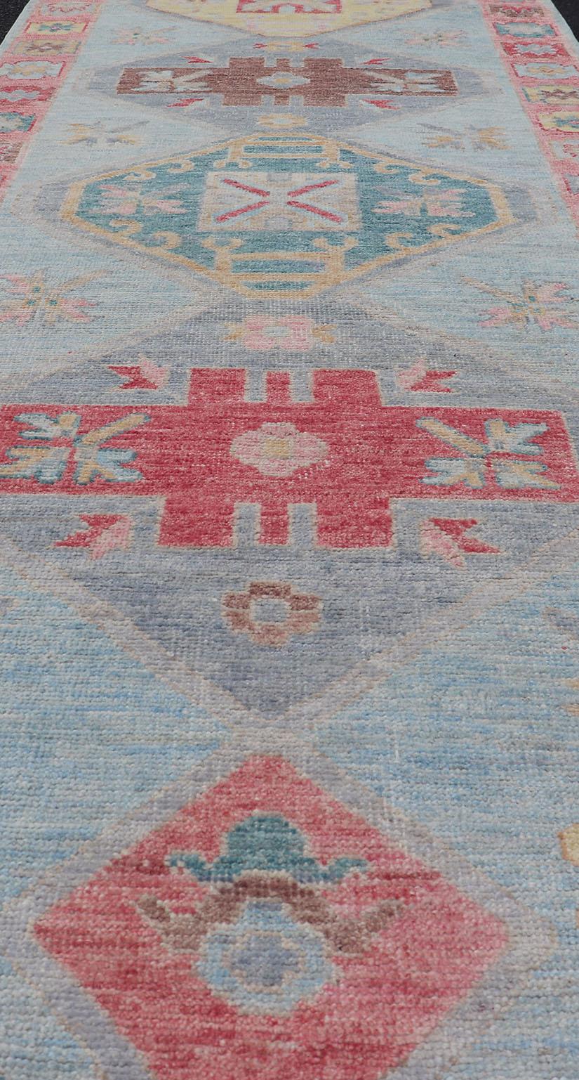 Hand-Knotted Colorful Modern Oushak Runner with Diamond Medallions and Tribal Motif Border