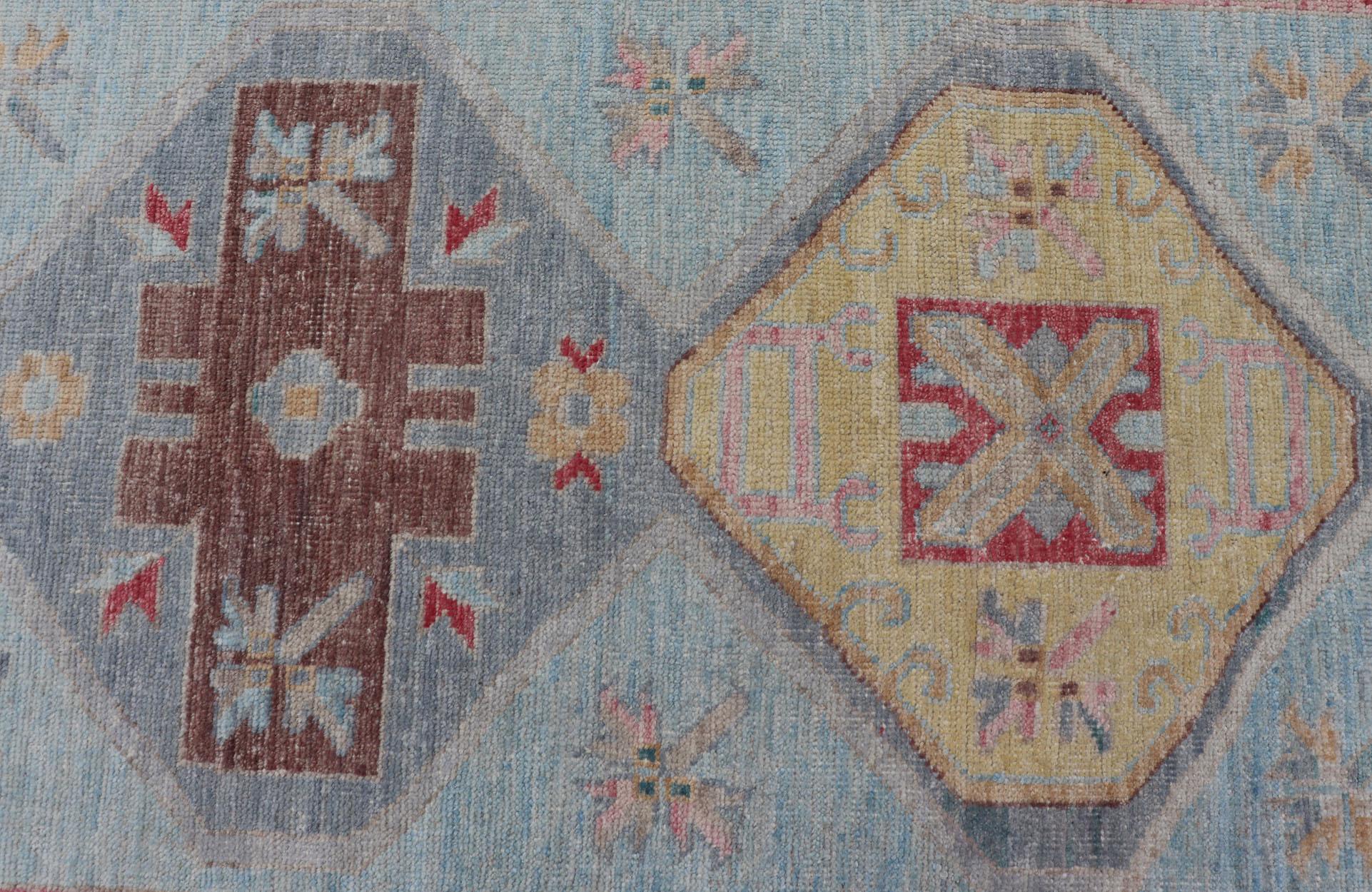 Colorful Modern Oushak Runner with Diamond Medallions and Tribal Motif Border In New Condition In Atlanta, GA