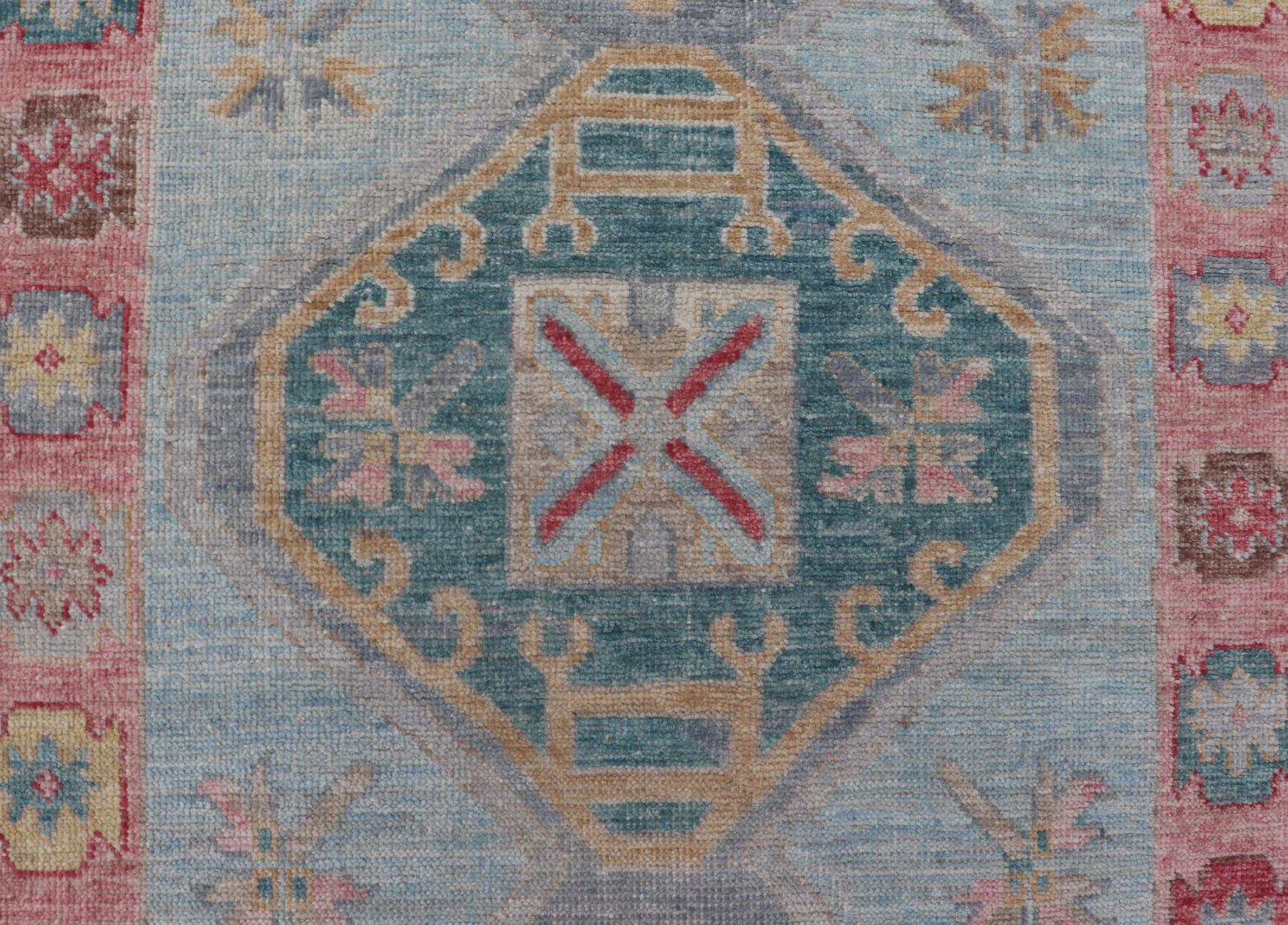 Contemporary Colorful Modern Oushak Runner with Diamond Medallions and Tribal Motif Border