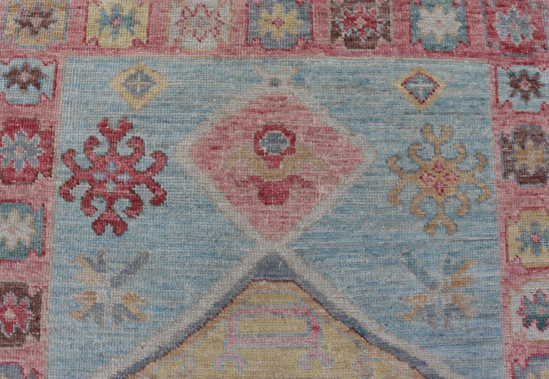 Wool Colorful Modern Oushak Runner with Diamond Medallions and Tribal Motif Border