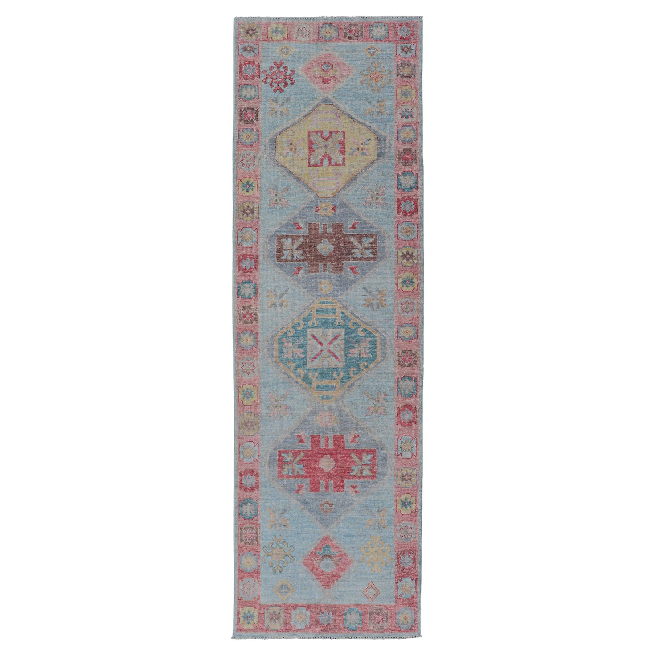 Colorful Modern Oushak Runner with Diamond Medallions and Tribal Motif Border