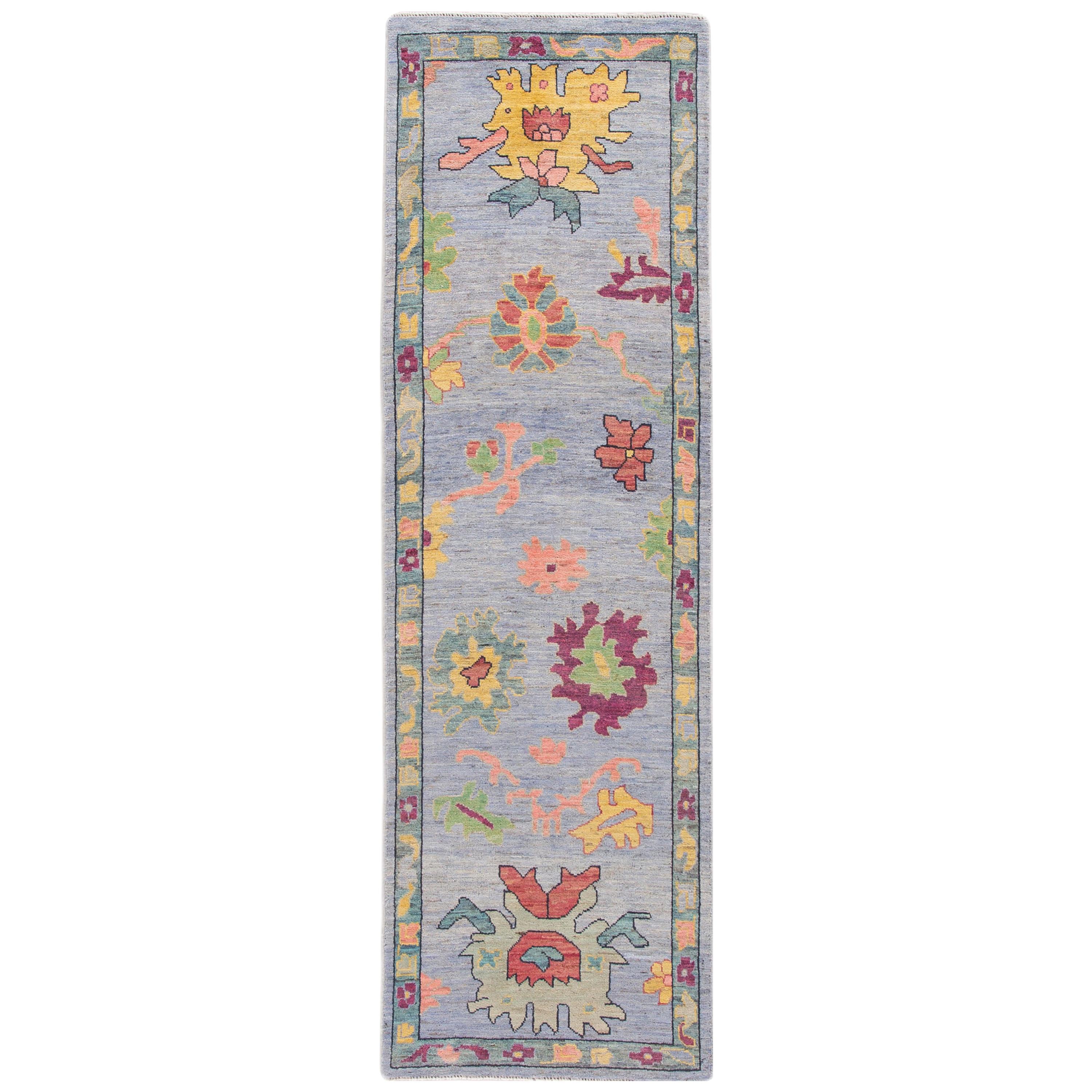 Colorful Modern Oushak-Style Handmade Floral Wool Runner