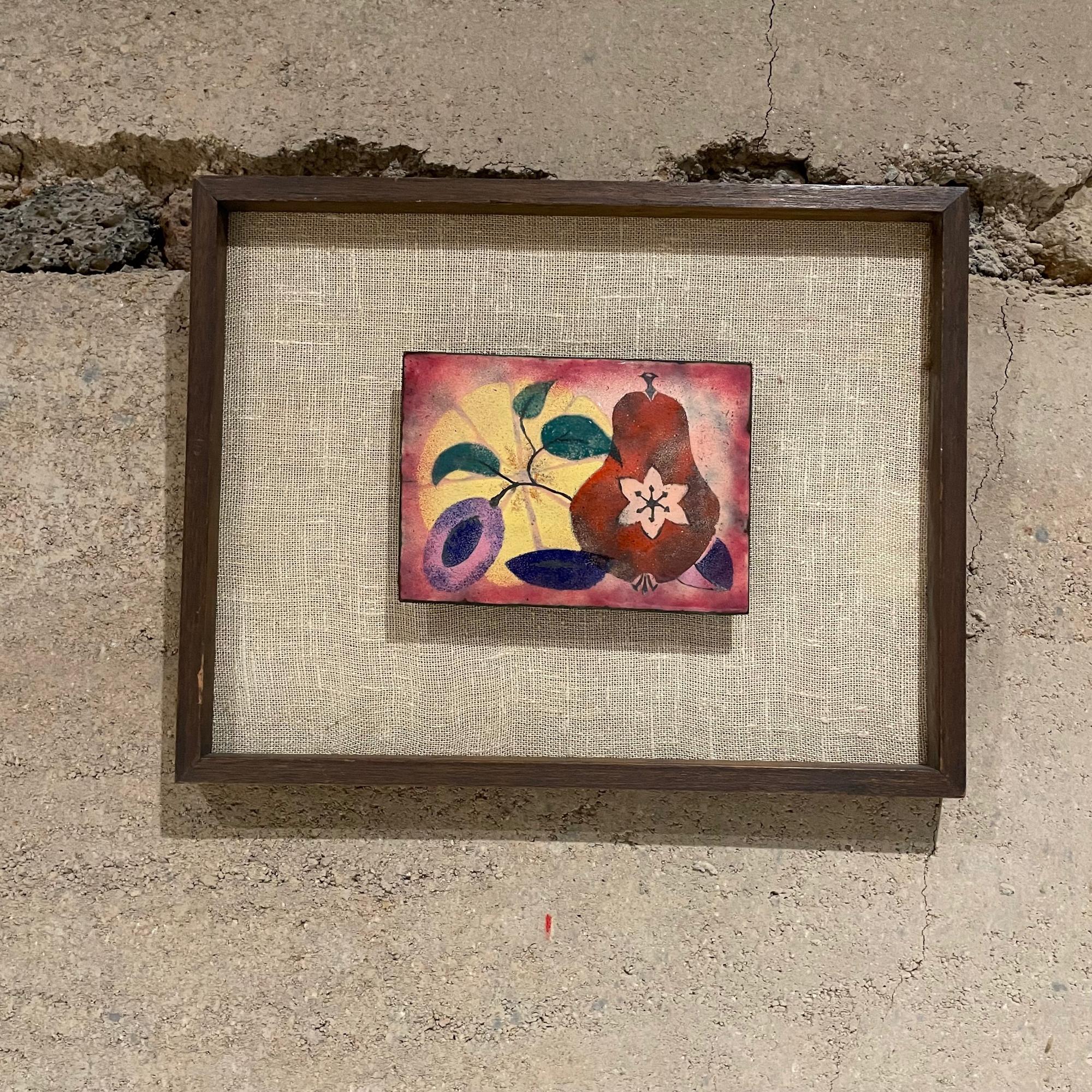 Enamel Art
Vintage midcentury Enamel wall art still life Abstract fruit on a table 1960s
Beautiful composition. Wood framed art with off white linen background.
Signed on reverse.
Measures: 9.5 tall x 11.75 w x .88 thick, Art only: 3.88 tall x