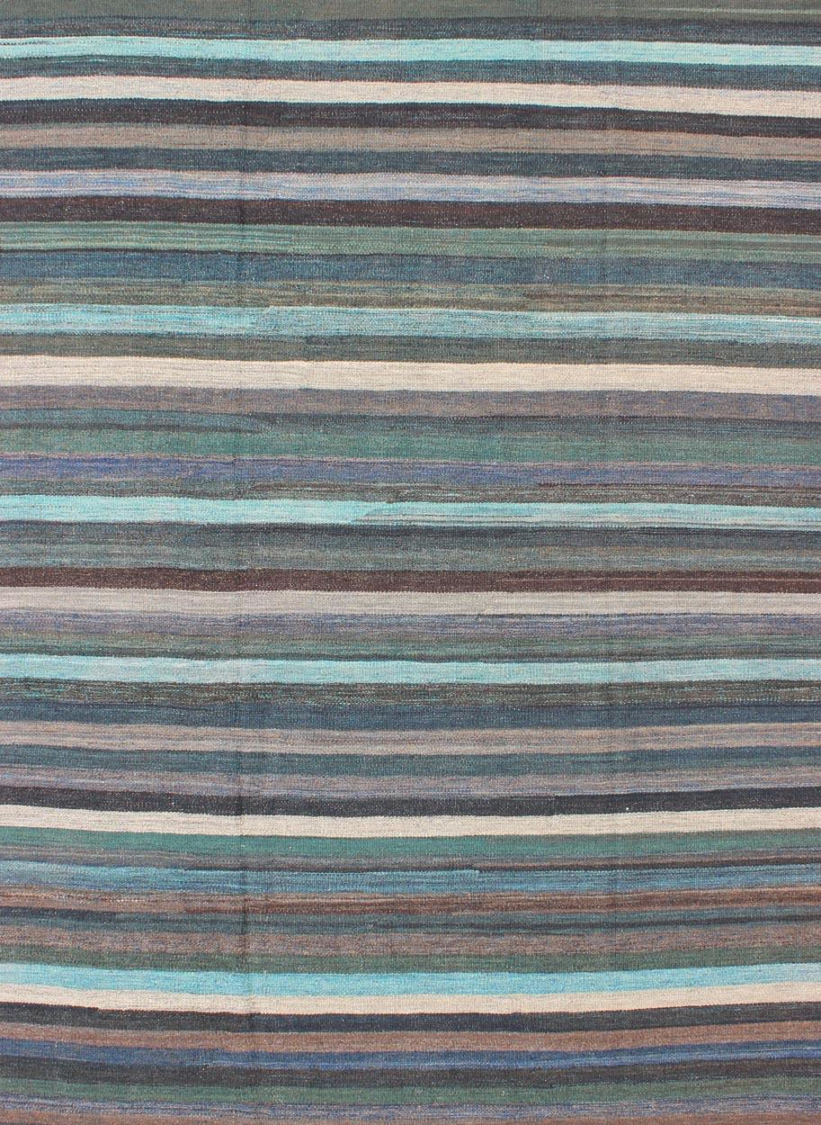 Hand-Woven Colorful Modern Striped Kilim in Unique Colors for Modern or Classic Rooms For Sale