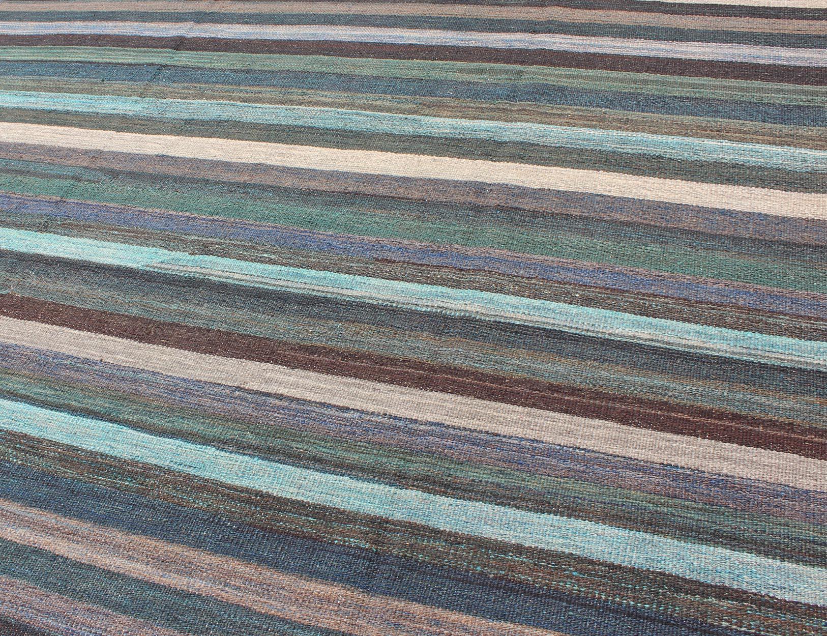 Contemporary Colorful Modern Striped Kilim in Unique Colors for Modern or Classic Rooms For Sale