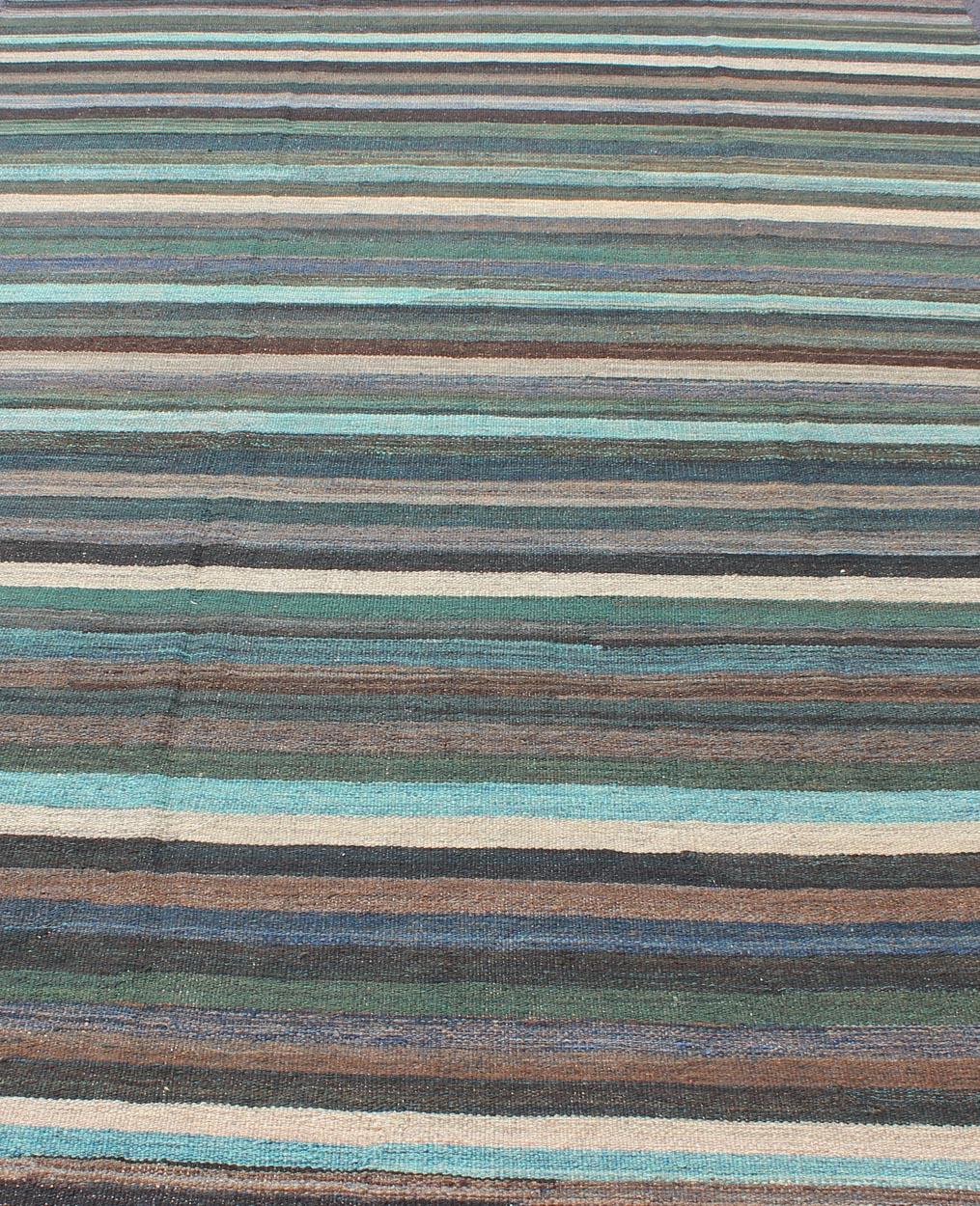 Wool Colorful Modern Striped Kilim in Unique Colors for Modern or Classic Rooms For Sale