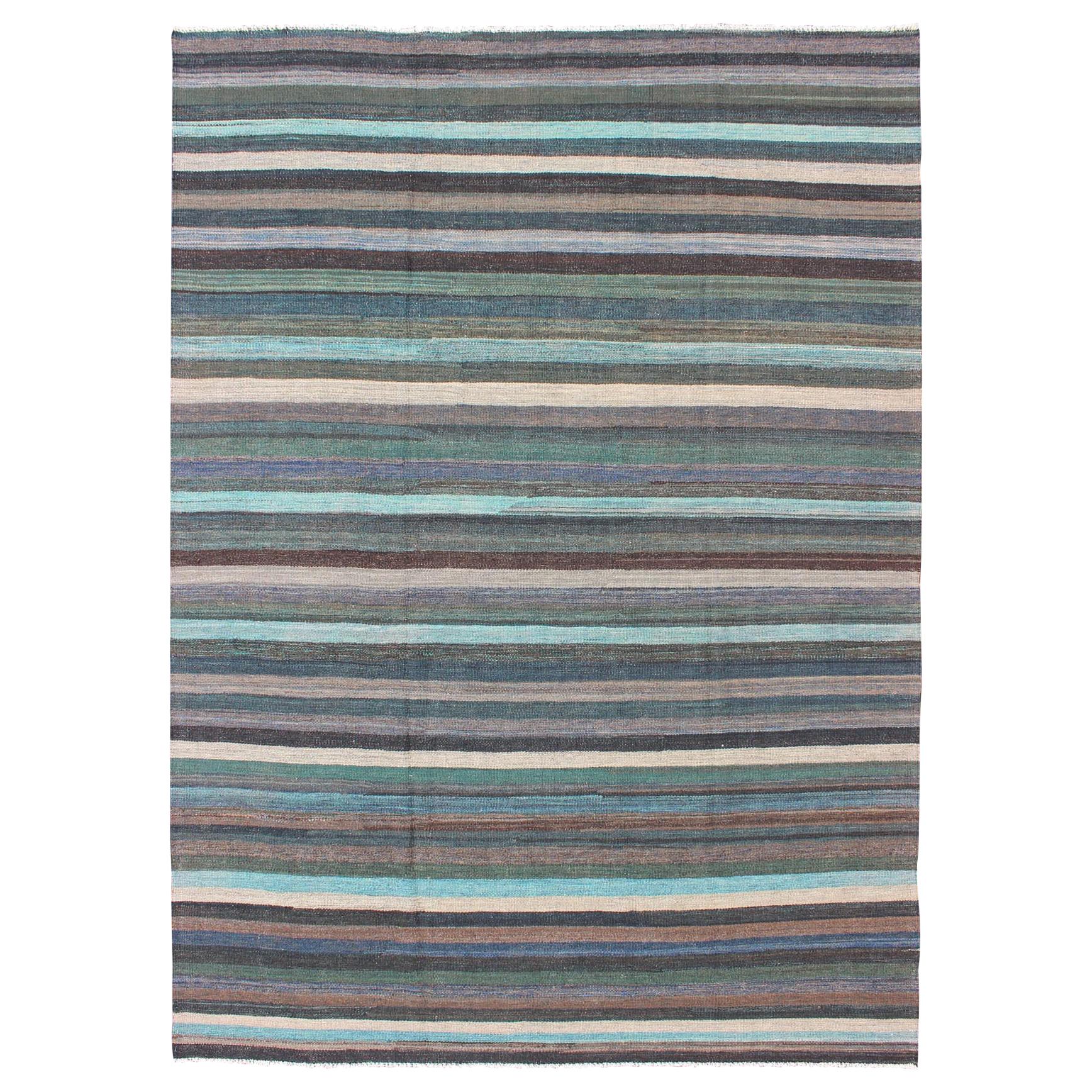 Colorful Modern Striped Kilim in Unique Colors for Modern or Classic Rooms For Sale