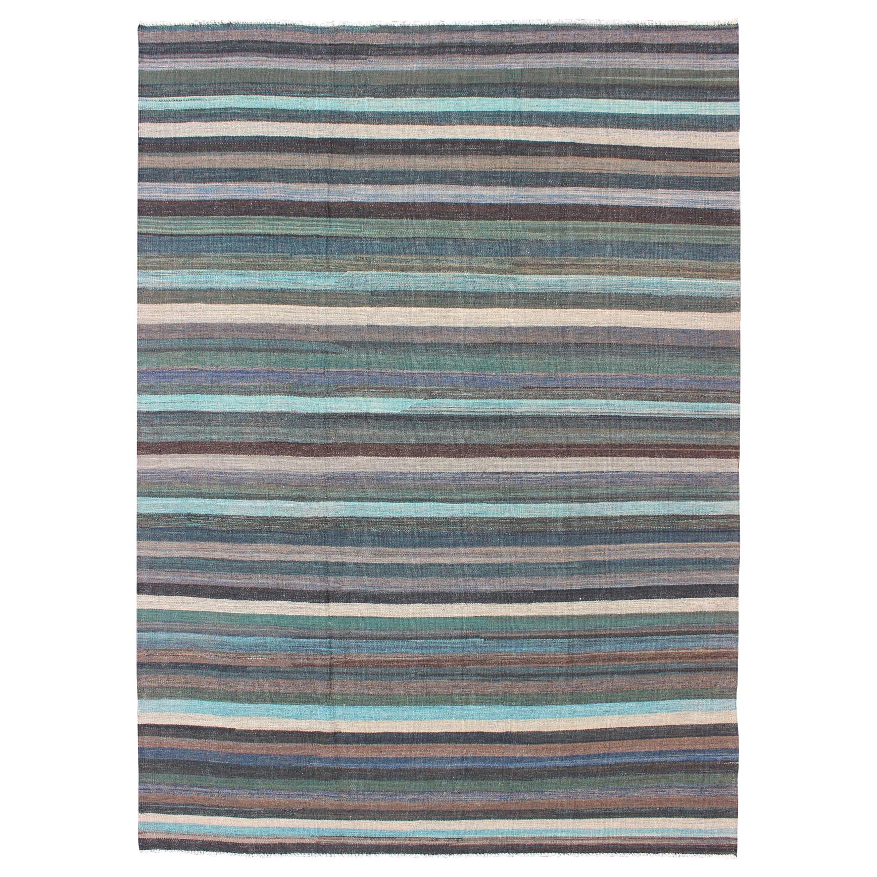 Colorful Modern Striped Kilim in Unique Colors for Modern or Classic Rooms For Sale