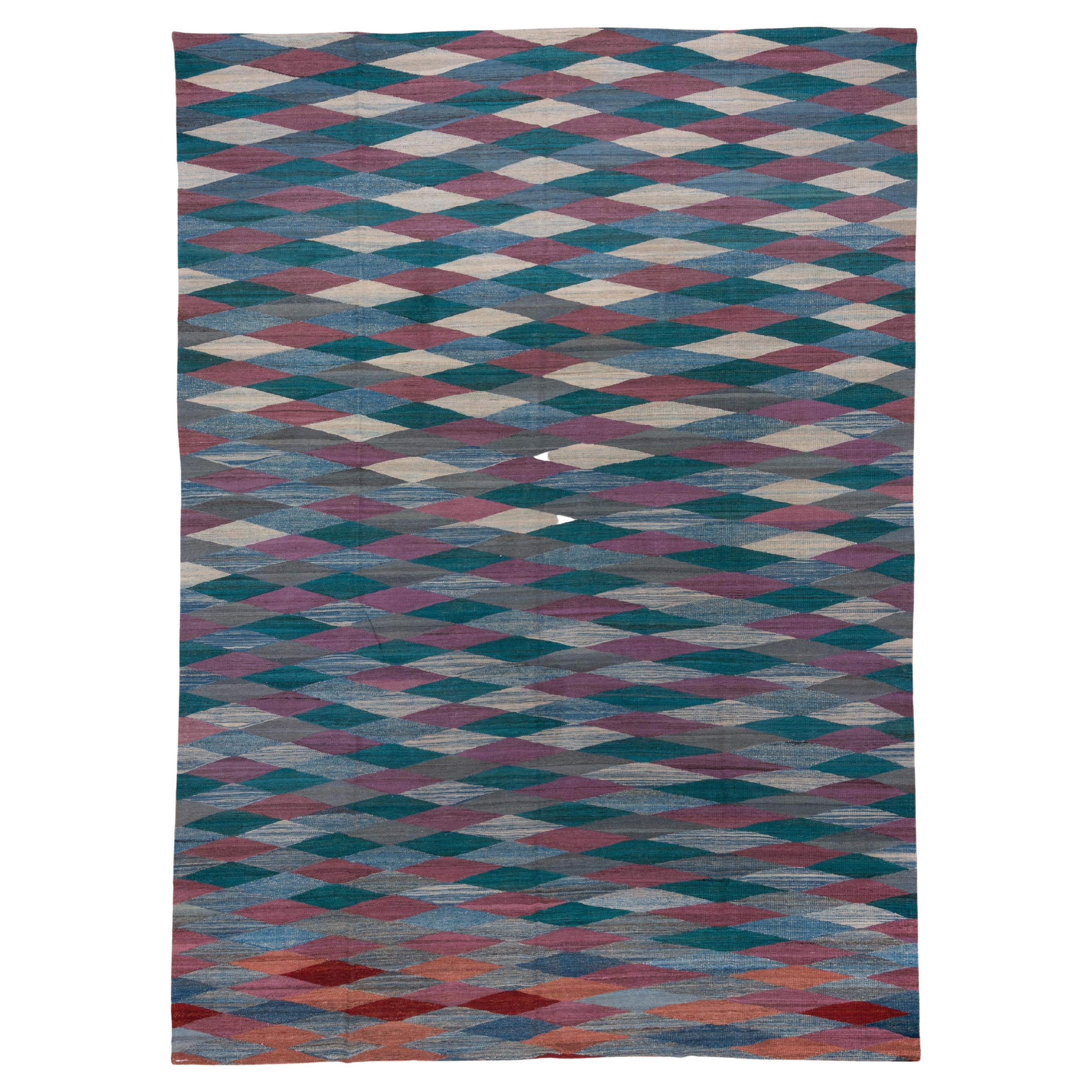 Colorful % Modern Wool Flatweave Area Rug, Diamond and Wave Design For Sale