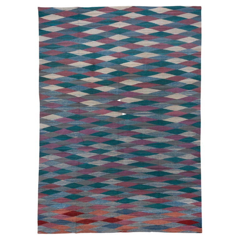 Colorful Modern Wool Flatweave Area Rug, Diamond and Wave Design For